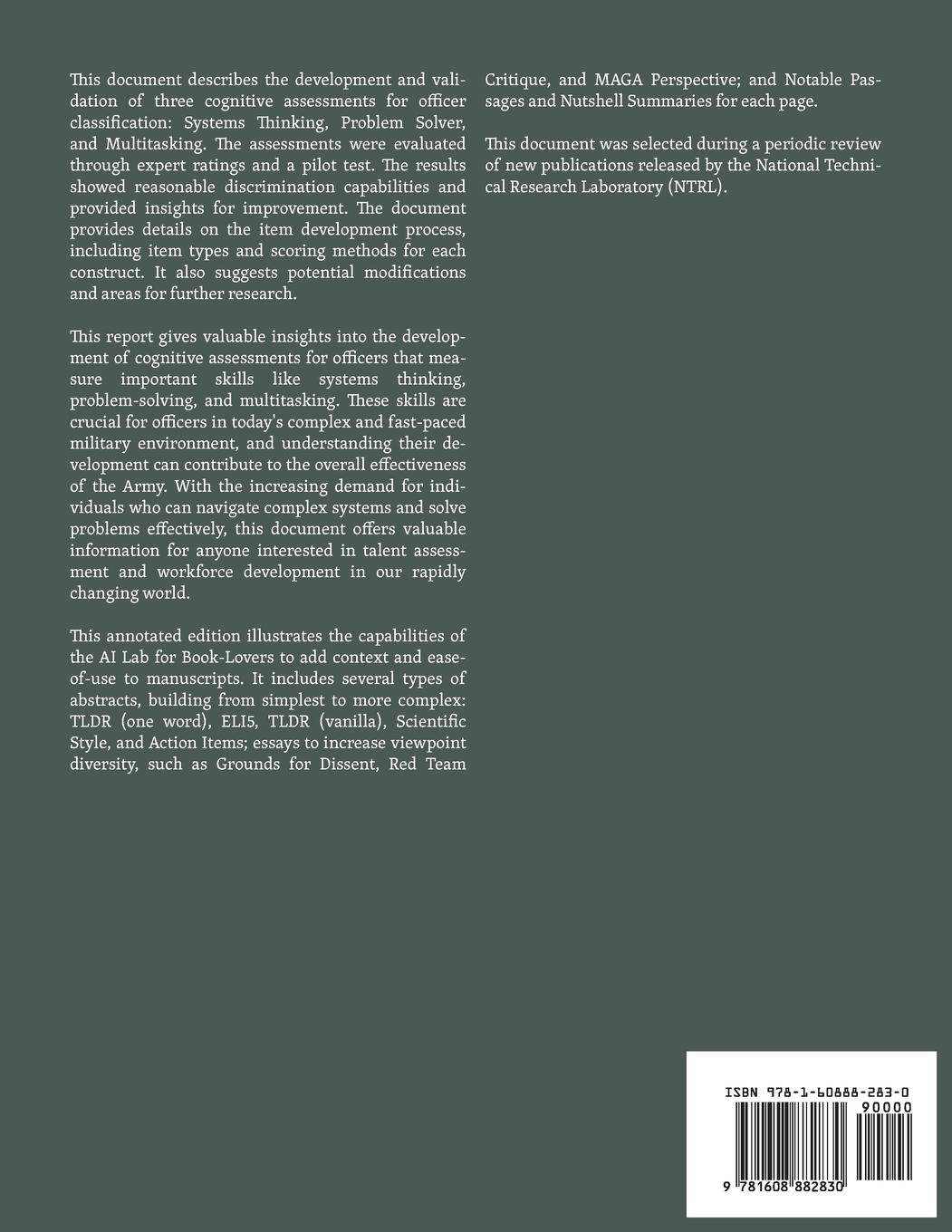 Rückseitencover Development of Three Cognitive Assessments for Officer Classification