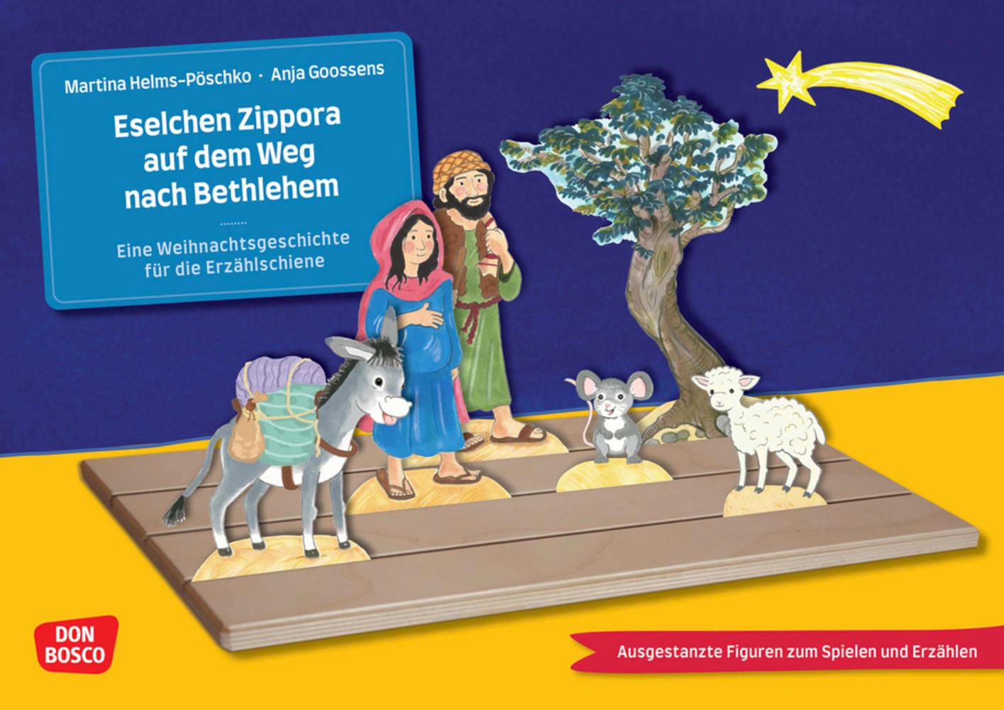 Vorderes Coverbild Eselchen Zippora auf dem Weg nach Bethlehem. Eine Weihnachtsgeschichte für die Erzählschiene. Erzählschienen-Figurenset