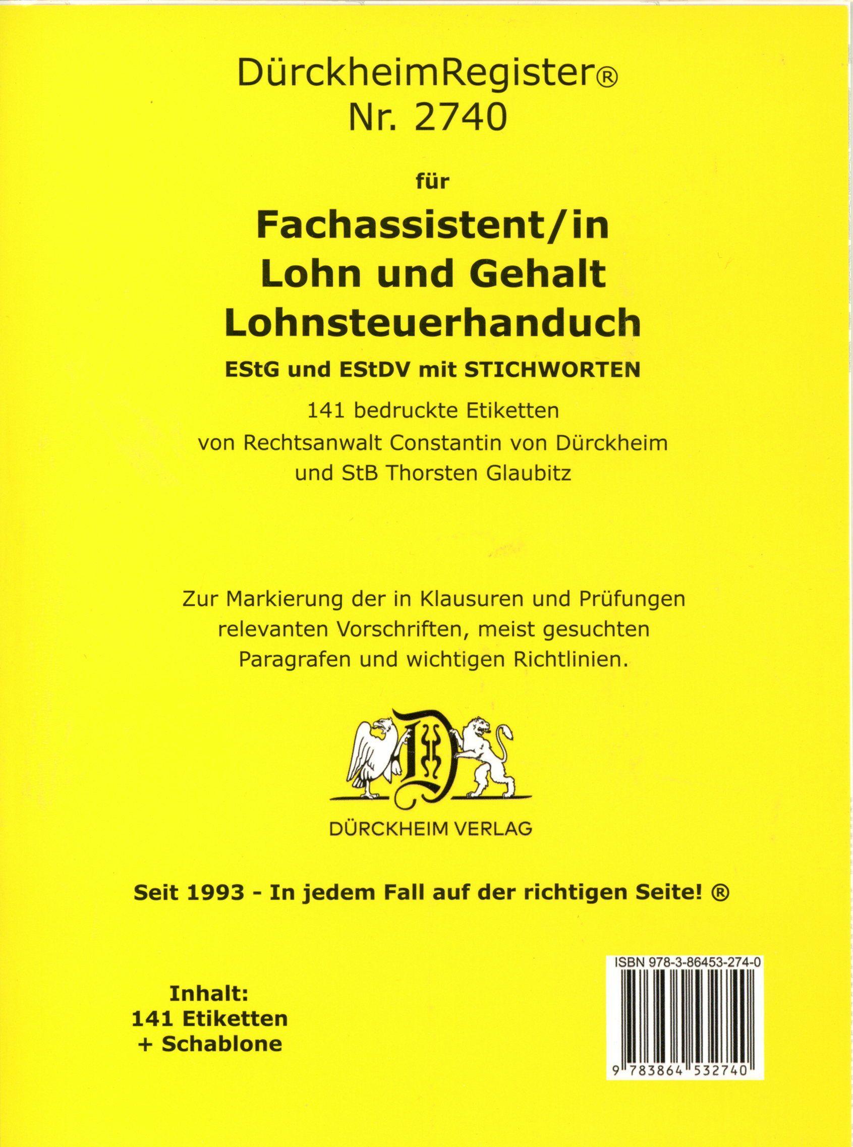Vorderes Coverbild DürckheimRegister® Nr. 2740 Fachassistent/in Lohn und Gehalt (2024) Lohnsteuerhandbuch