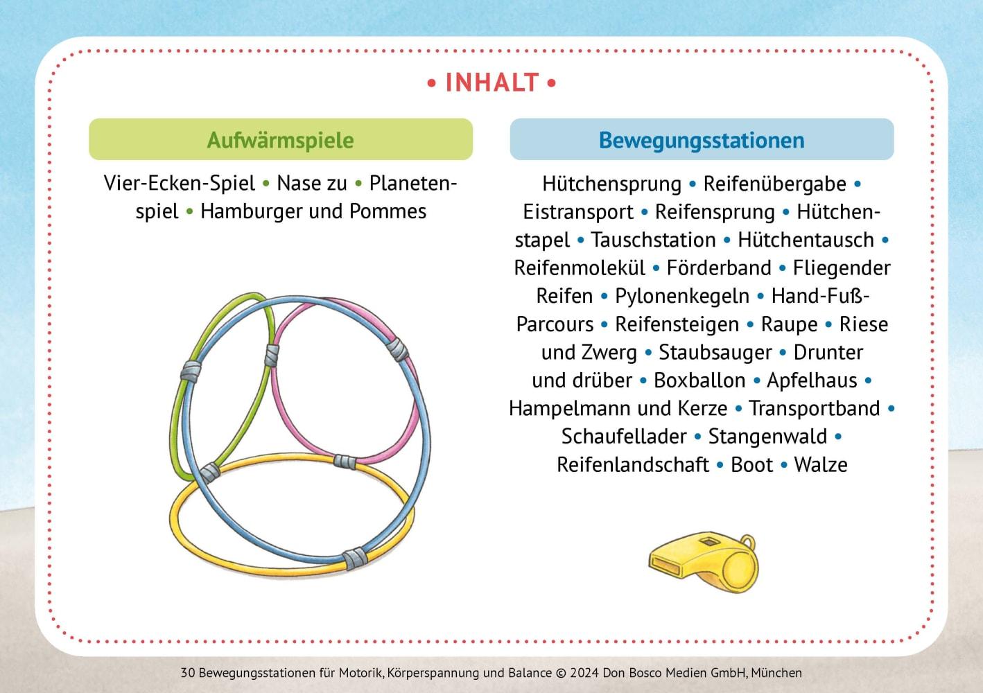 Beispielinhalt (Bild) 30 Bewegungsstationen für Motorik, Körperspannung und Balance. Bildkarten für Kinder von 3 bis 8