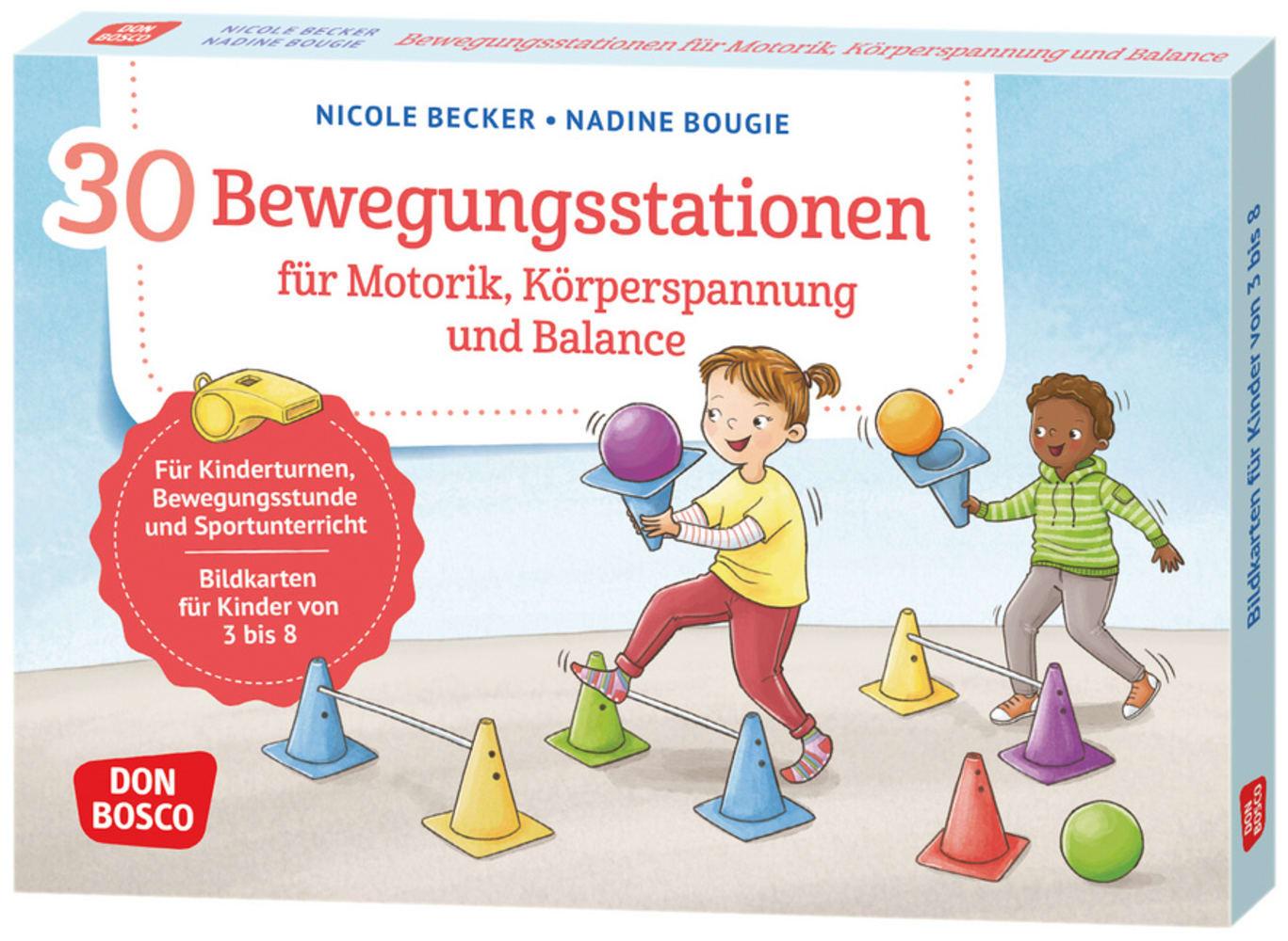 Vorderes Coverbild 30 Bewegungsstationen für Motorik, Körperspannung und Balance. Bildkarten für Kinder von 3 bis 8