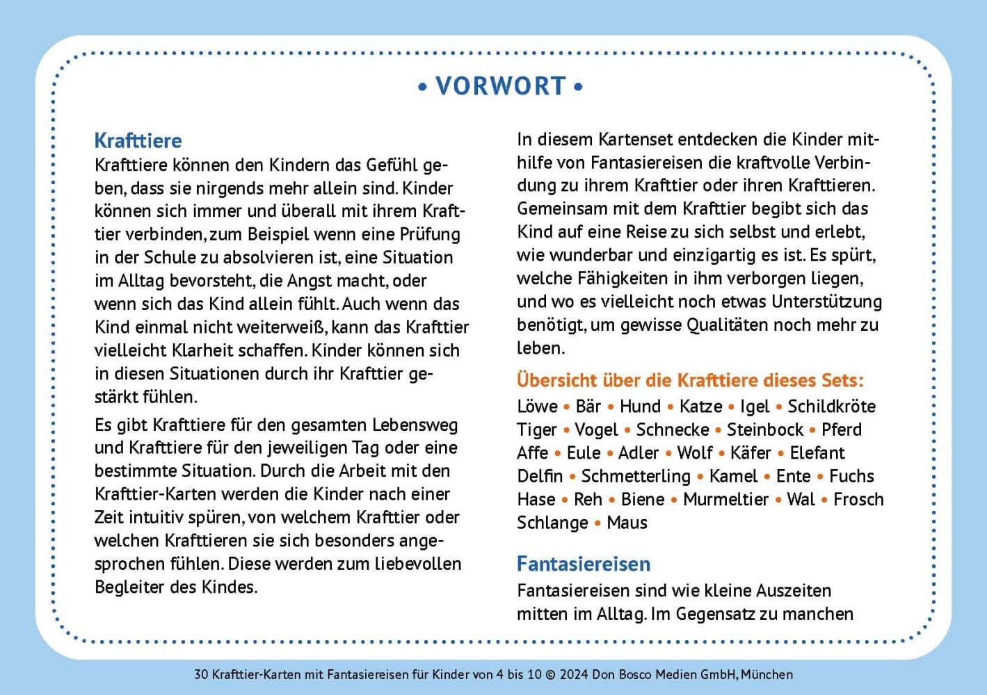 Beispielinhalt (Bild) 30 Krafttier-Karten mit Fantasiereisen für Kinder von 4 bis 10