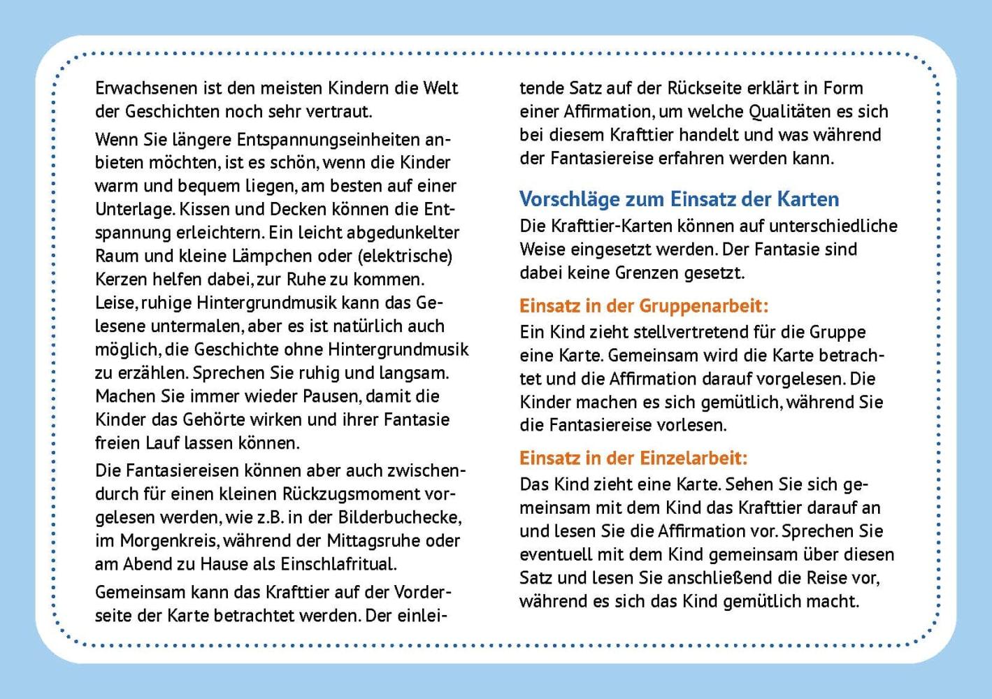 Beispielinhalt (Bild) 30 Krafttier-Karten mit Fantasiereisen für Kinder von 4 bis 10