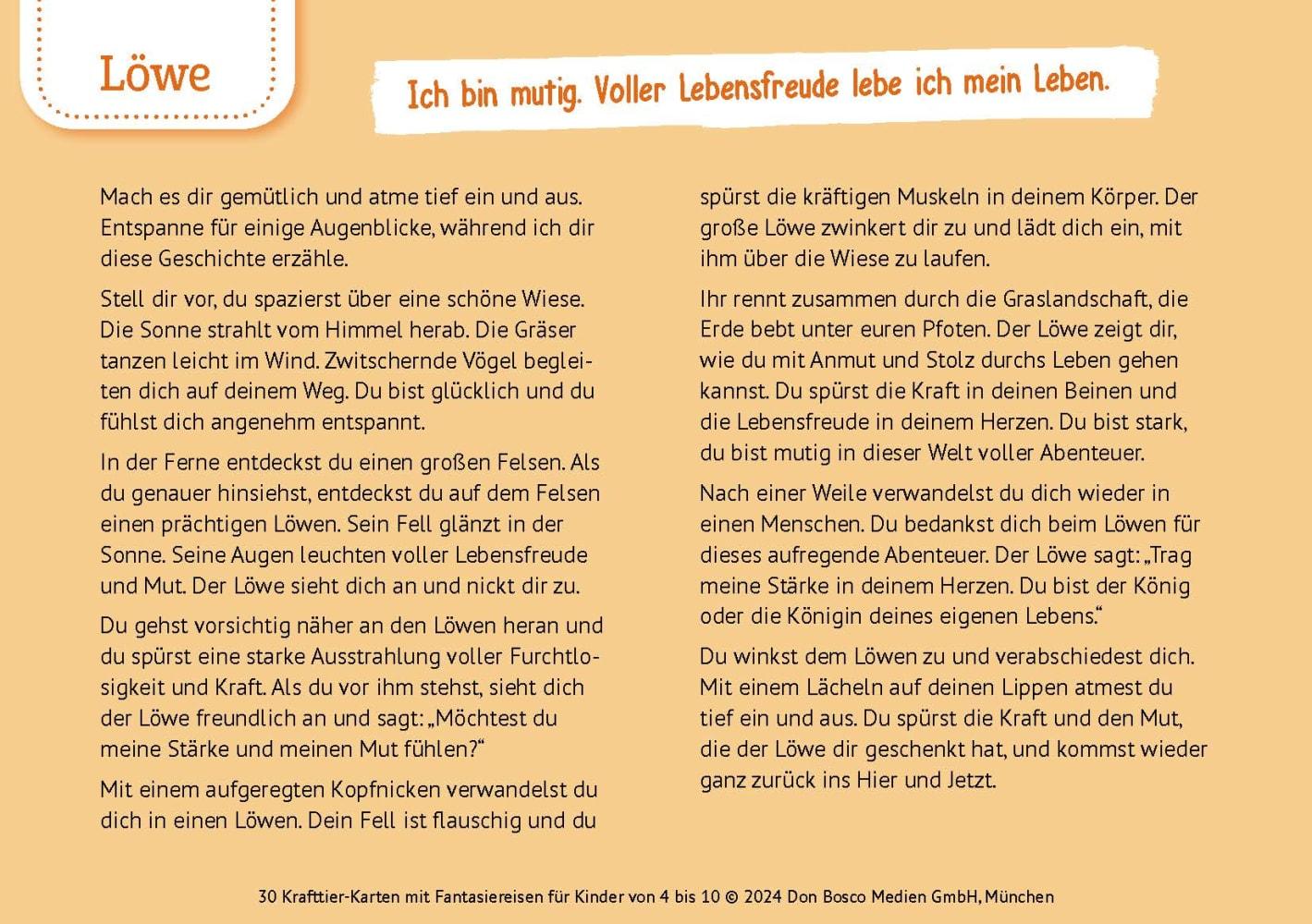 Beispielinhalt (Bild) 30 Krafttier-Karten mit Fantasiereisen für Kinder von 4 bis 10