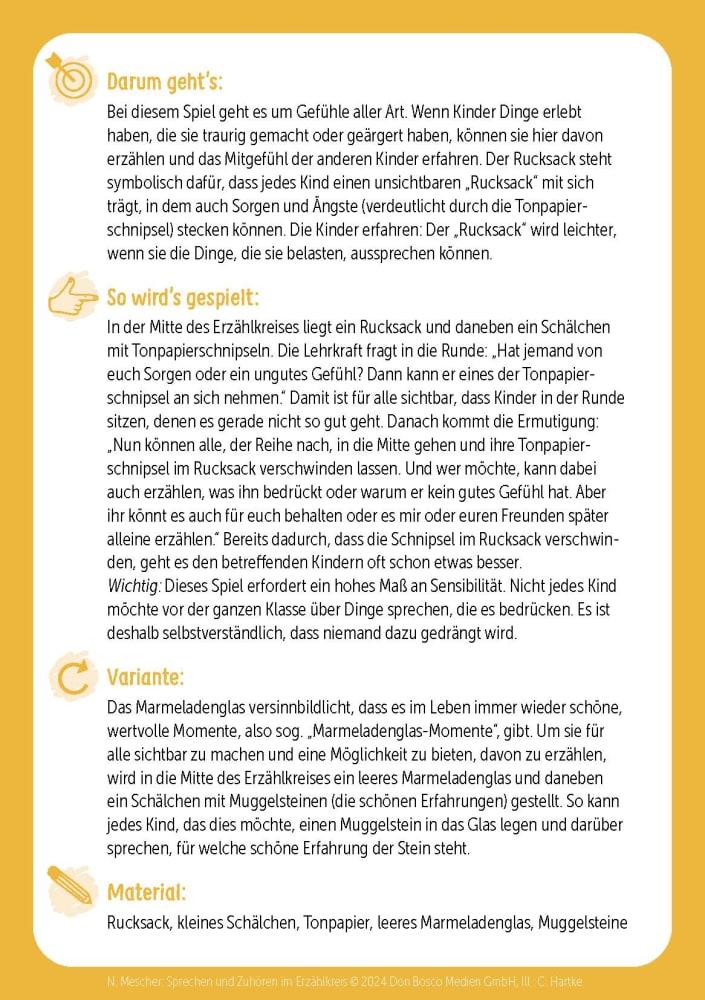 Beispielinhalt (Bild) Sprechen und Zuhören im Erzählkreis. 30 Bildkarten mit Erzählspielen für die Grundschule