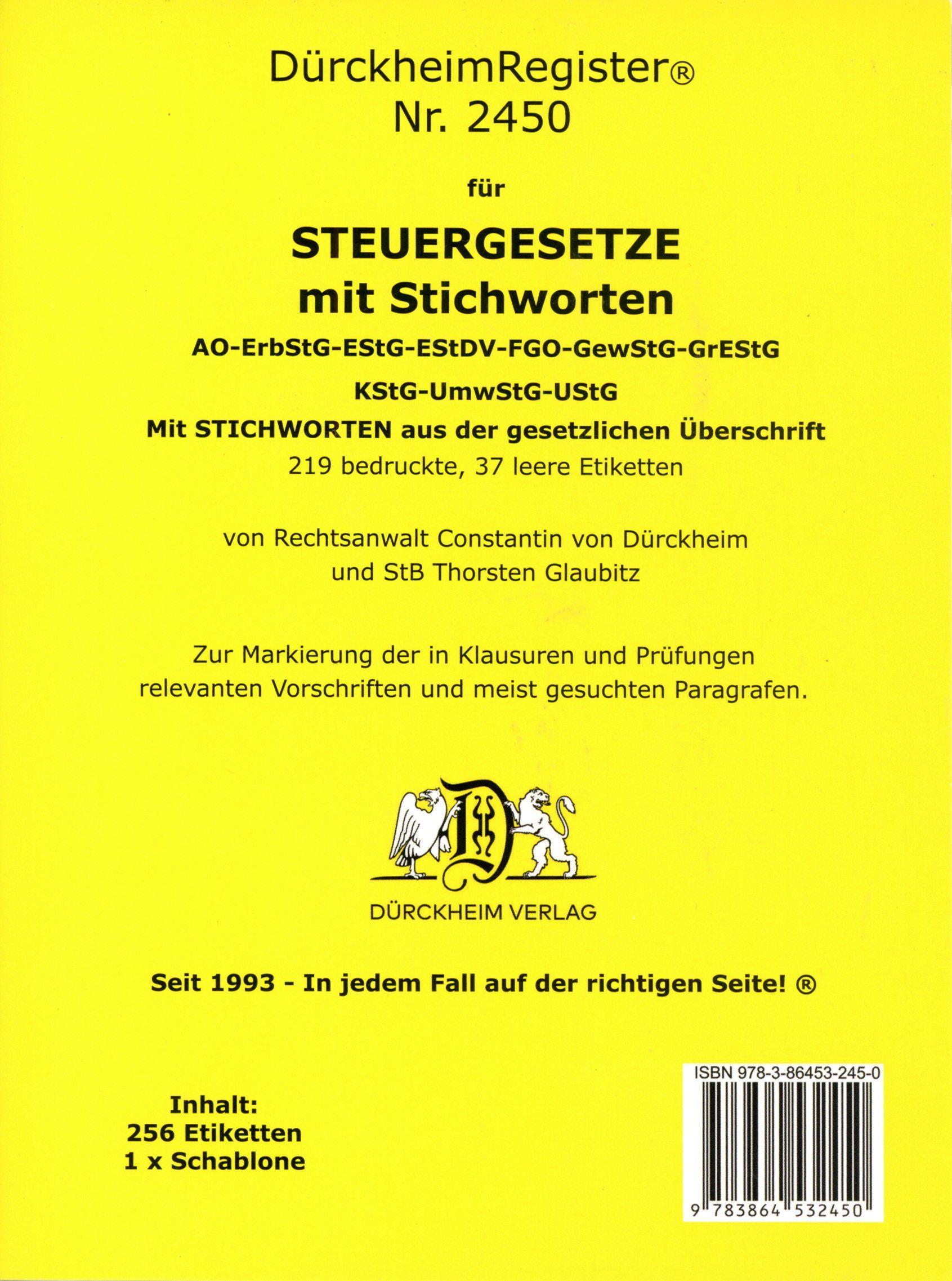Vorderes Coverbild DürckheimRegister® 2450 STEUERGESETZE mit Stichworten (2024)