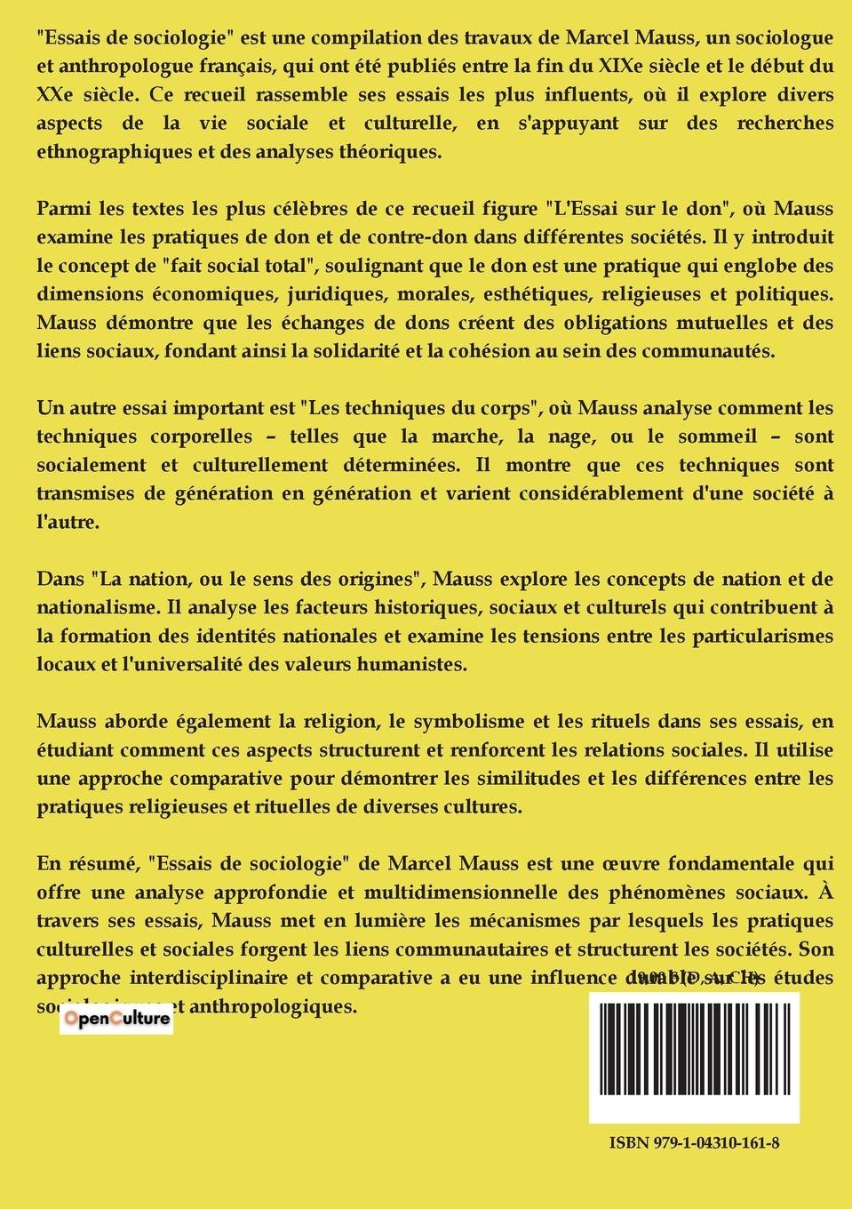 Rückseitencover Essais de sociologie