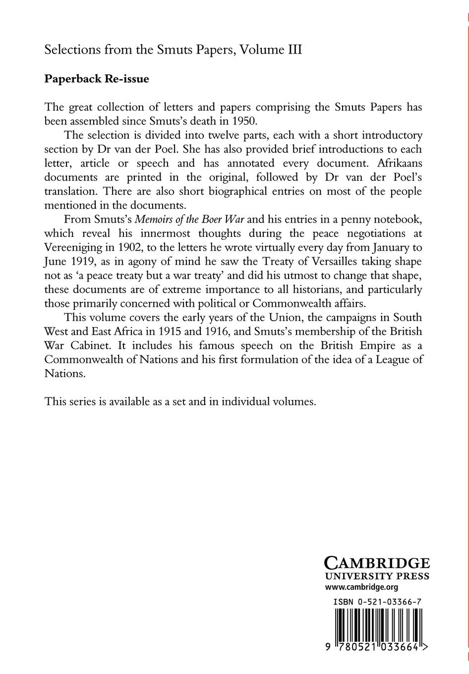 Rückseitencover Selections from the Smuts Papers