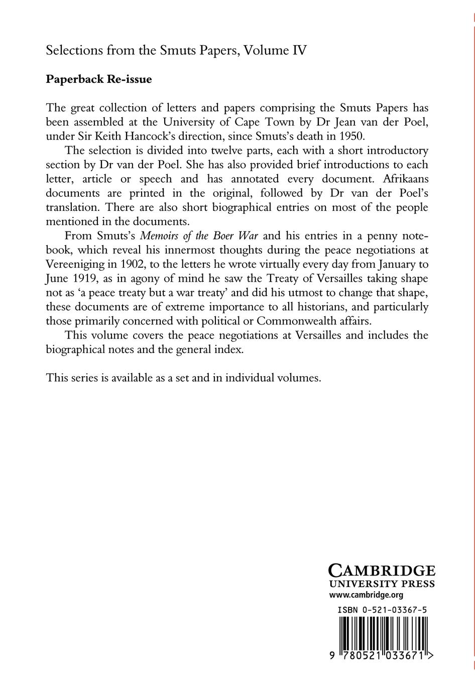 Rückseitencover Selections from the Smuts Papers