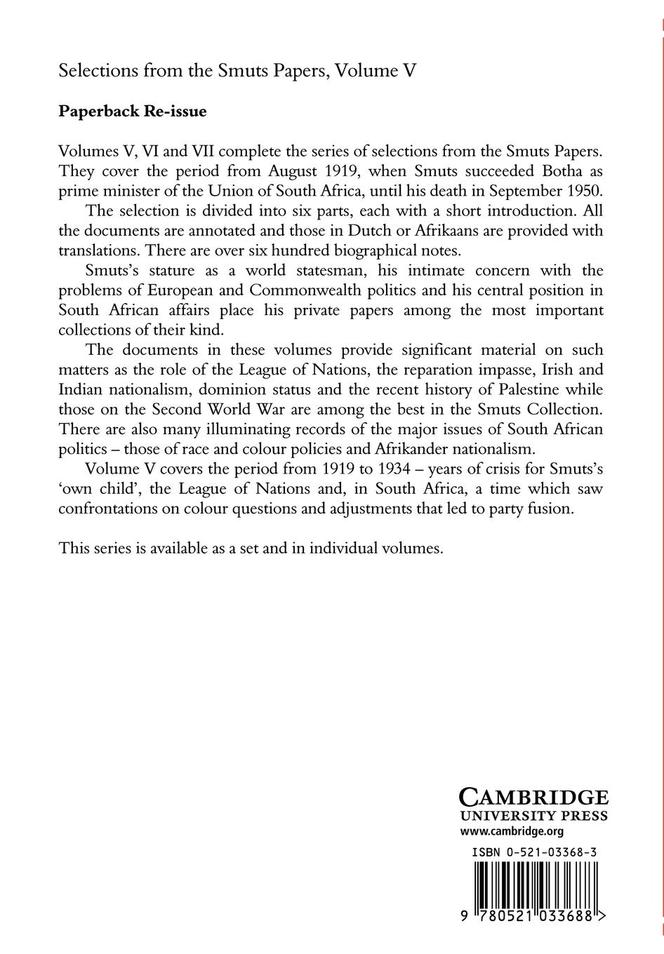 Rückseitencover Selections from the Smuts Papers