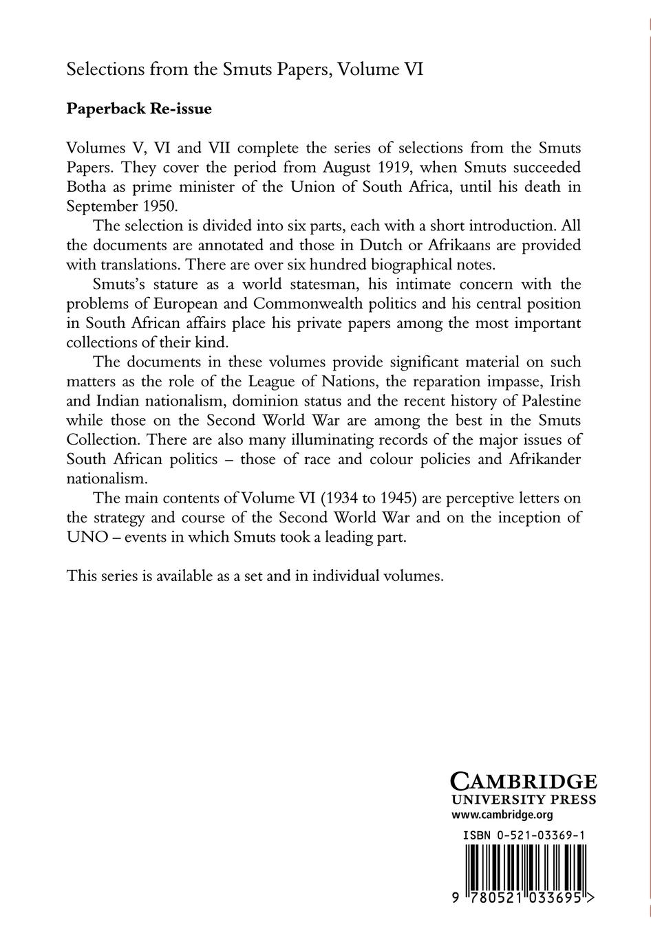 Rückseitencover Selections from the Smuts Papers