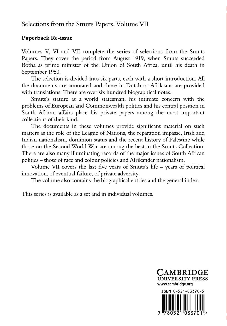 Rückseitencover Selections from the Smuts Papers