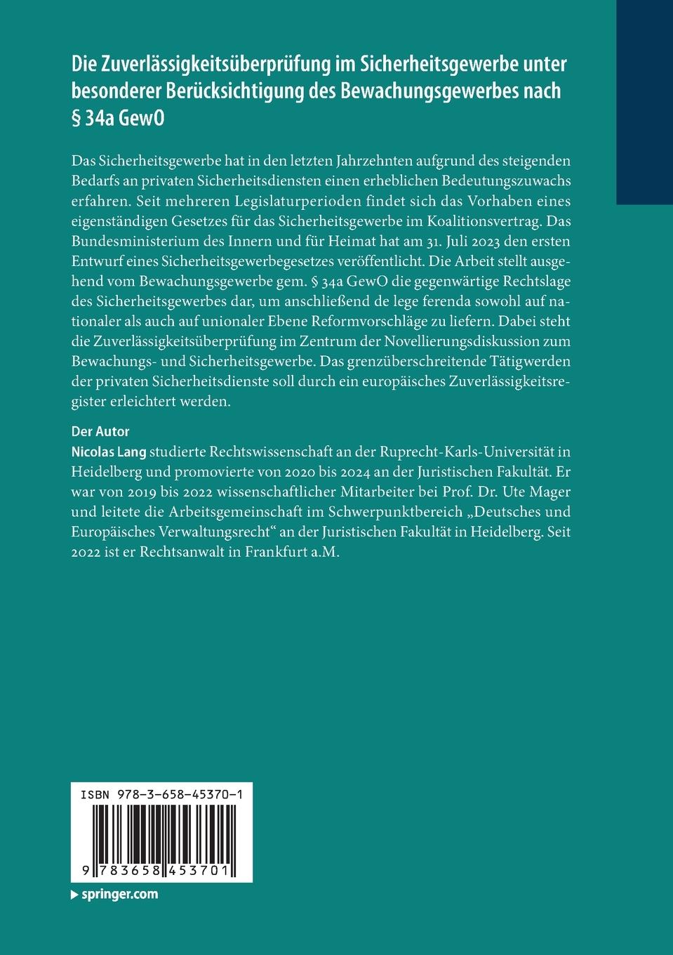 Rückseitencover Die Zuverlässigkeitsüberprüfung im Sicherheitsgewerbe unter besonderer Berücksichtigung des Bewachungsgewerbes nach § 34a GewO