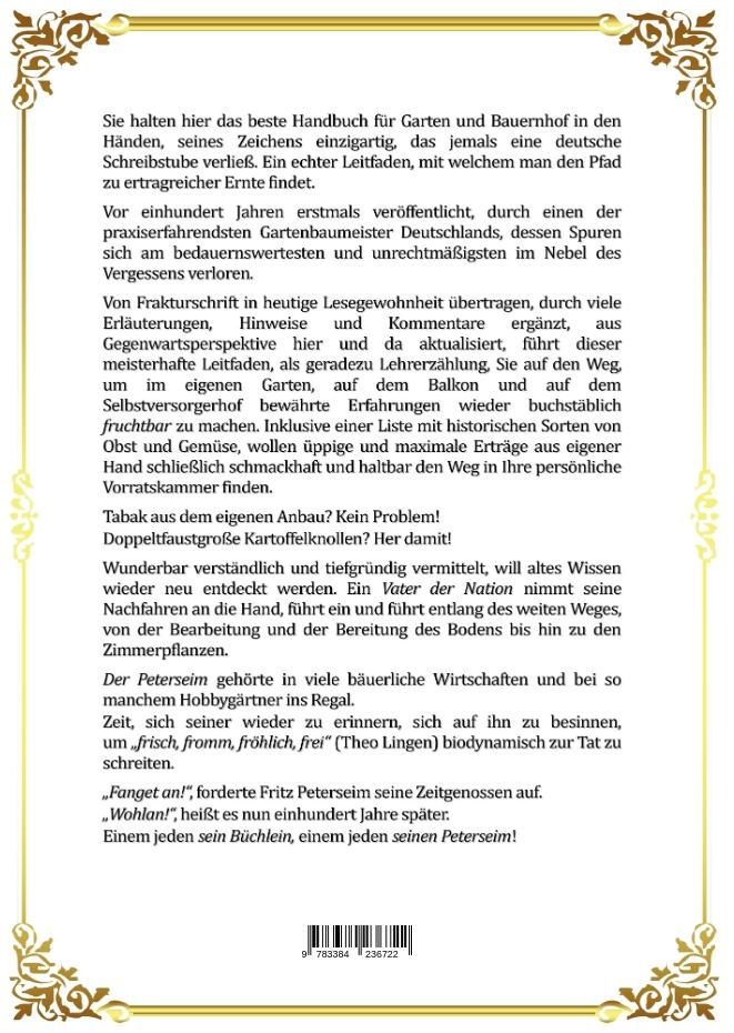 Rückseitencover Fritz Peterseim's Leitfaden zur Vermehrung der Lebensmittel