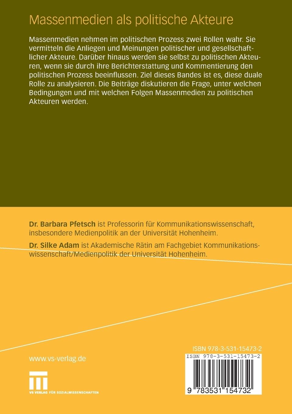 Rückseitencover Massenmedien als politische Akteure