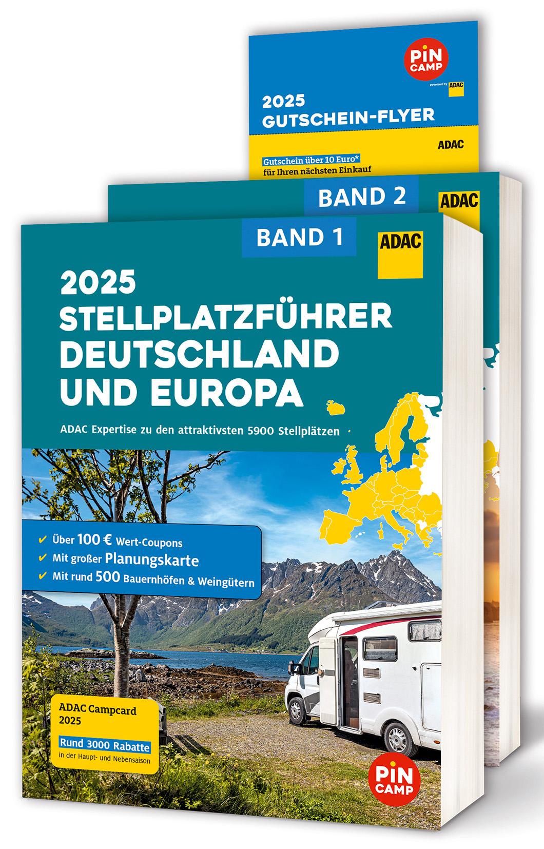 Vorderes Coverbild ADAC Stellplatzführer 2025 Deutschland und Europa