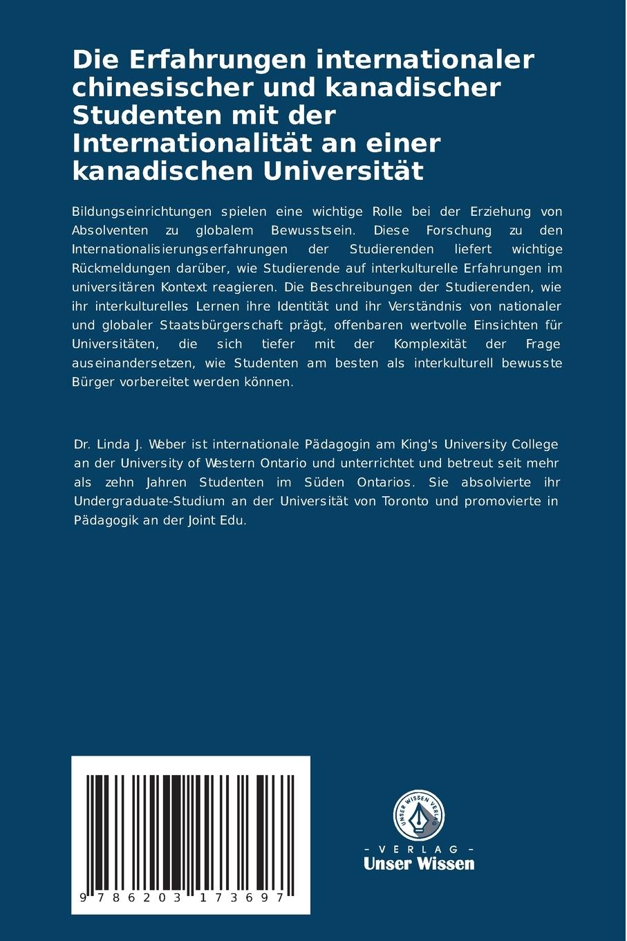 Rückseitencover Die Erfahrungen internationaler chinesischer und kanadischer Studenten mit der Internationalität an einer kanadischen Universität