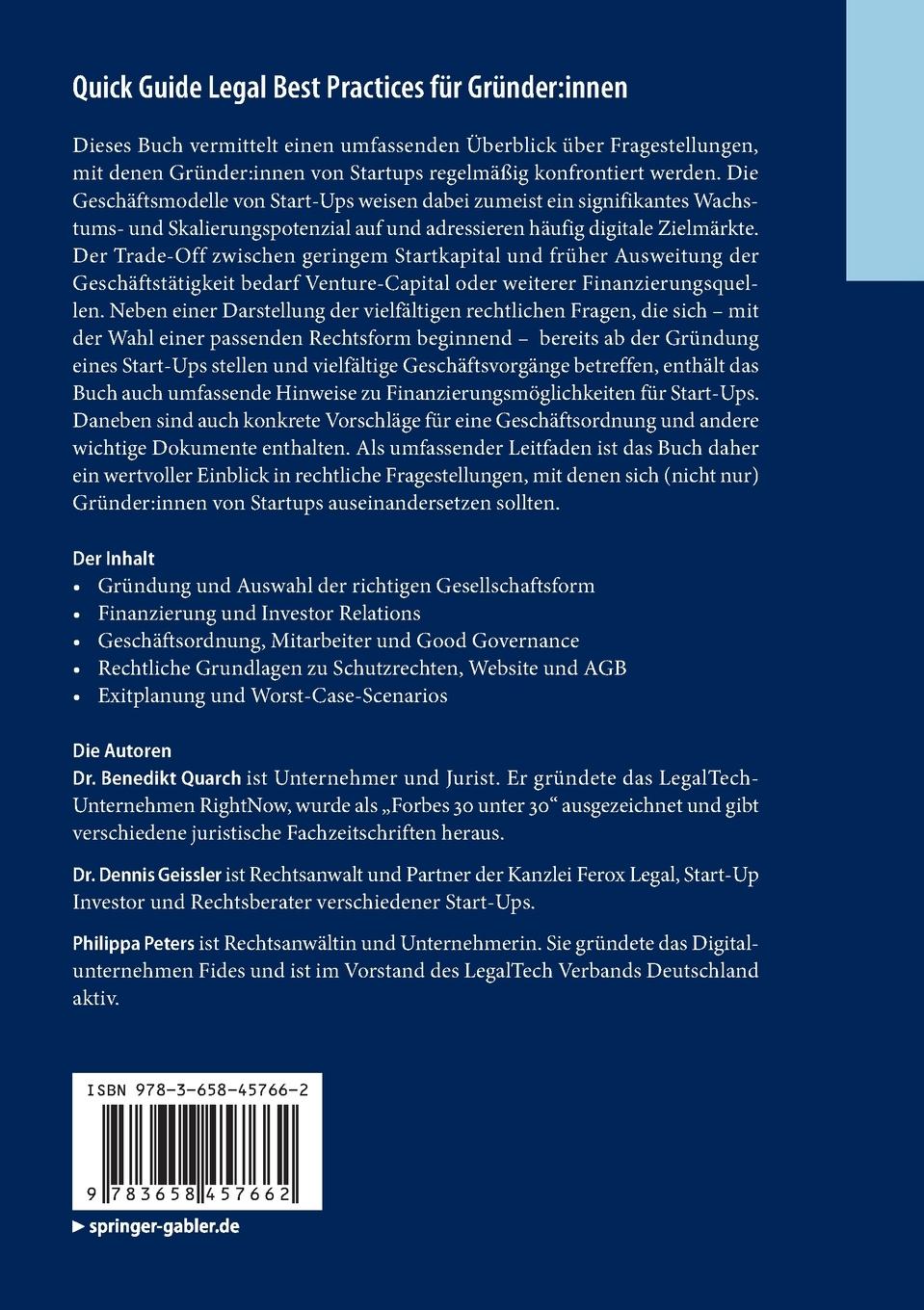 Rückseitencover Quick Guide Legal Best Practices für Gründer:innen