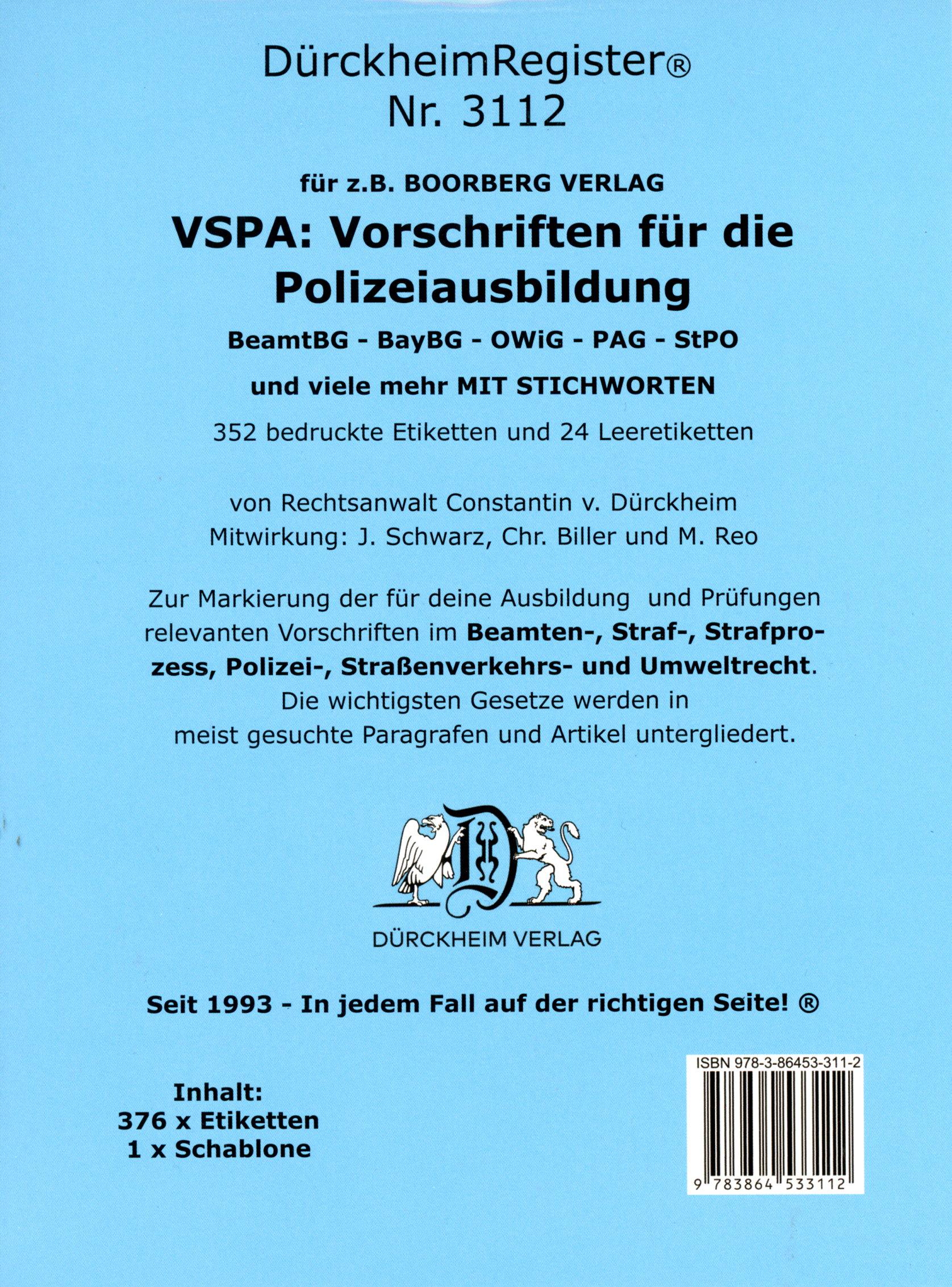 Vorderes Coverbild DürckheimRegister® Nr. 3112 VSPA: Vorschriften für die Polizeiausbildung