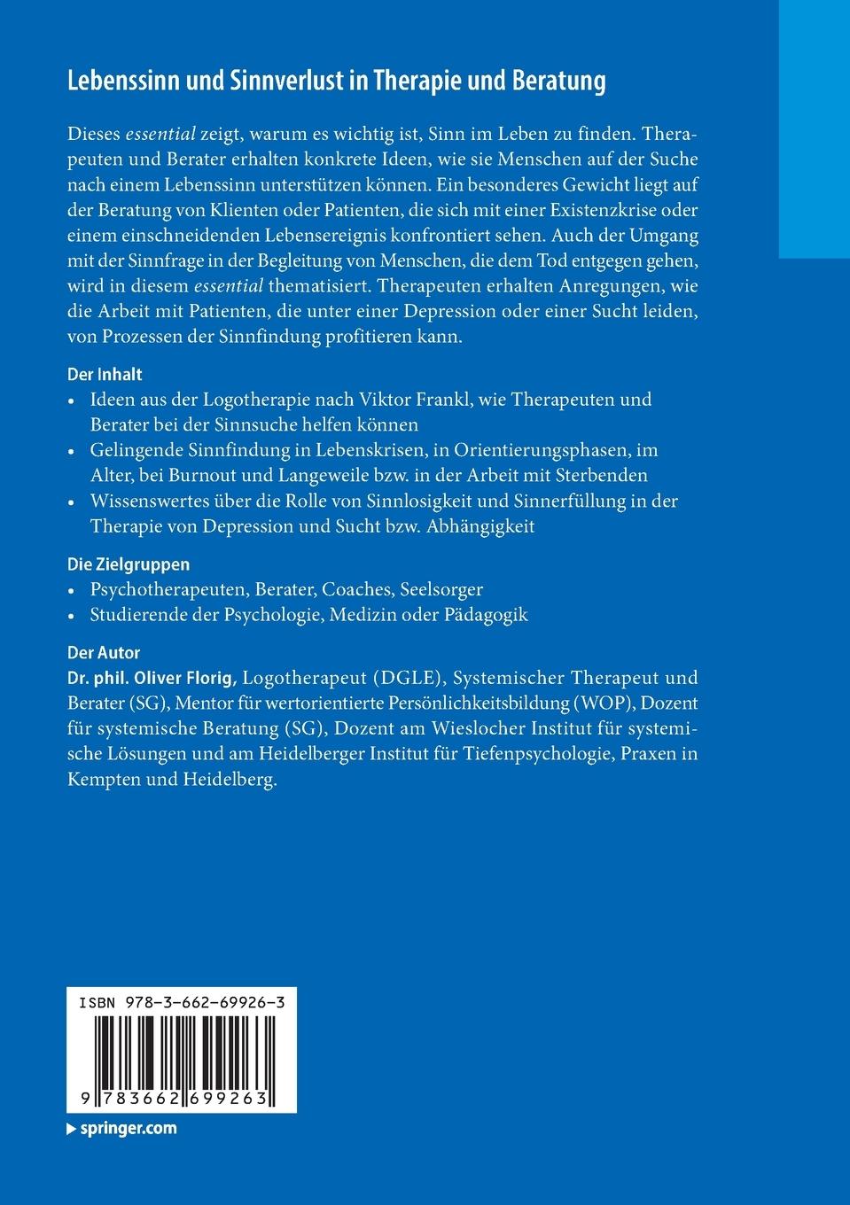 Rückseitencover Lebenssinn und Sinnverlust in Therapie und Beratung