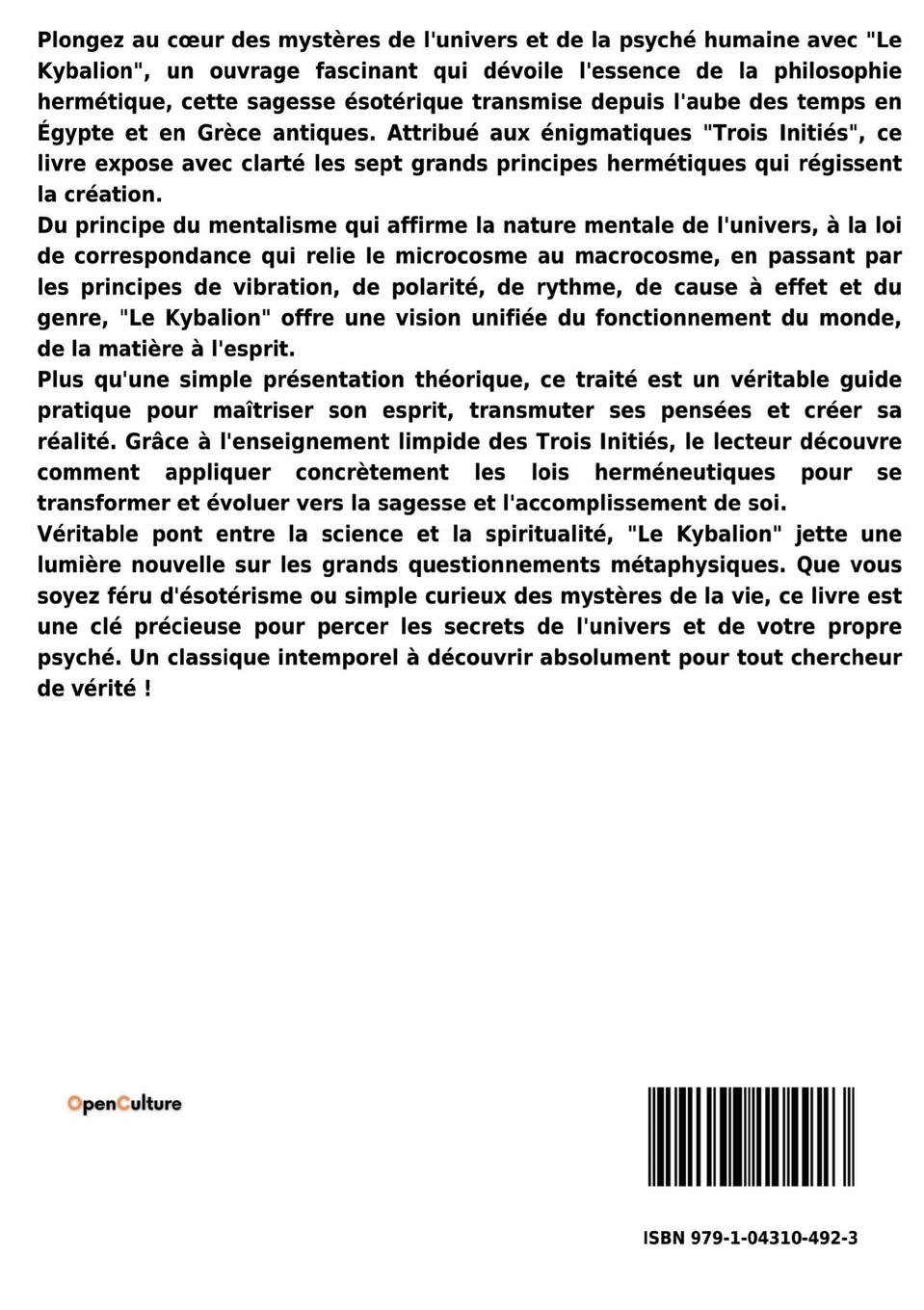 Rückseitencover Le Kybalion, Étude sur la philosophie hermétique de l'ancienne Égypte et de l'ancienne Grèce