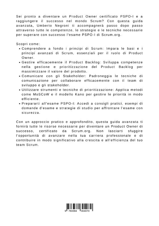 Rückseitencover Guida Avanzata alla  Certificazione PSPO-I di Scrum.org