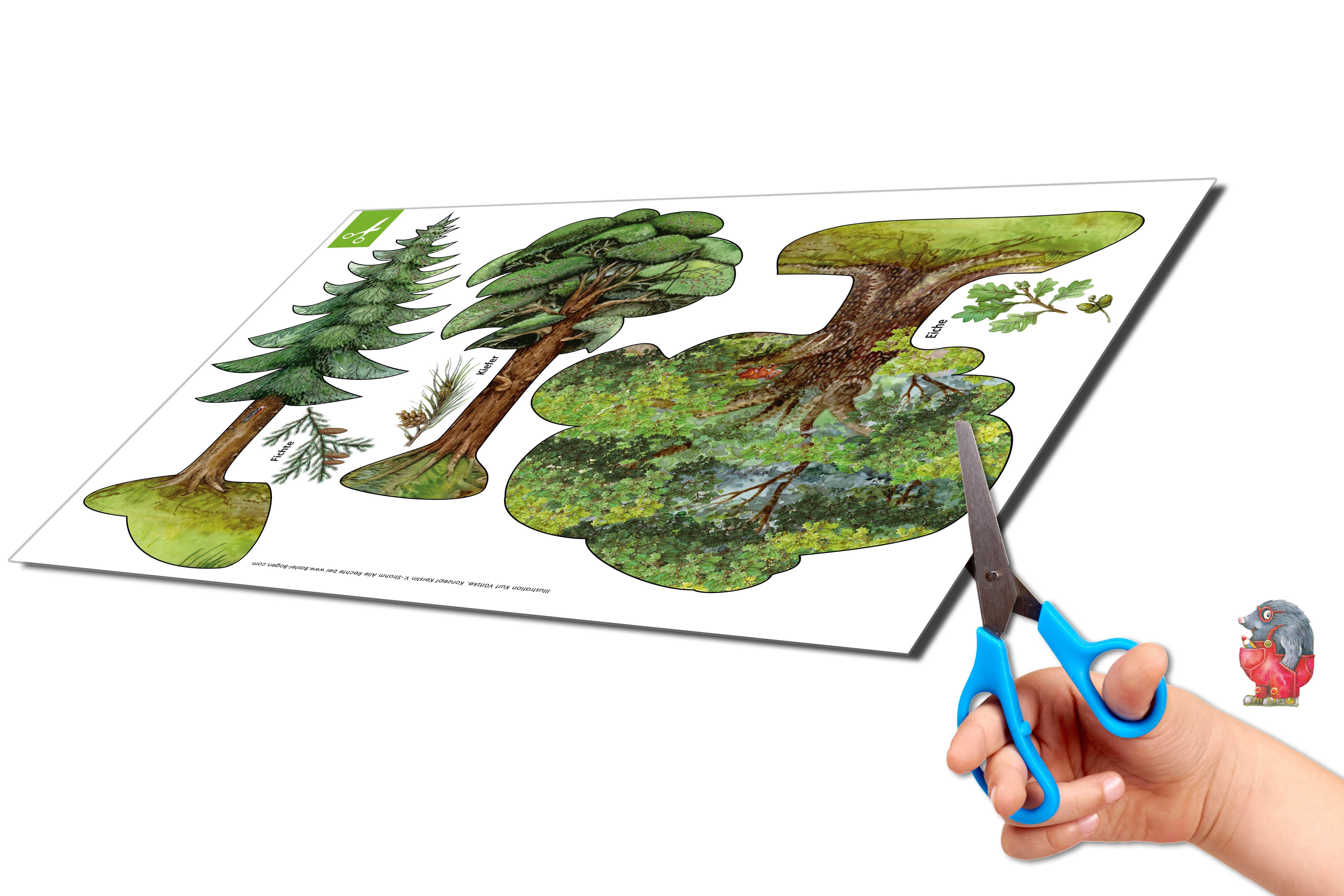 Beispielinhalt (Bild) Wald basteln aus Papier Bastelbogen Bäume & Tiere Ausschneidebogen