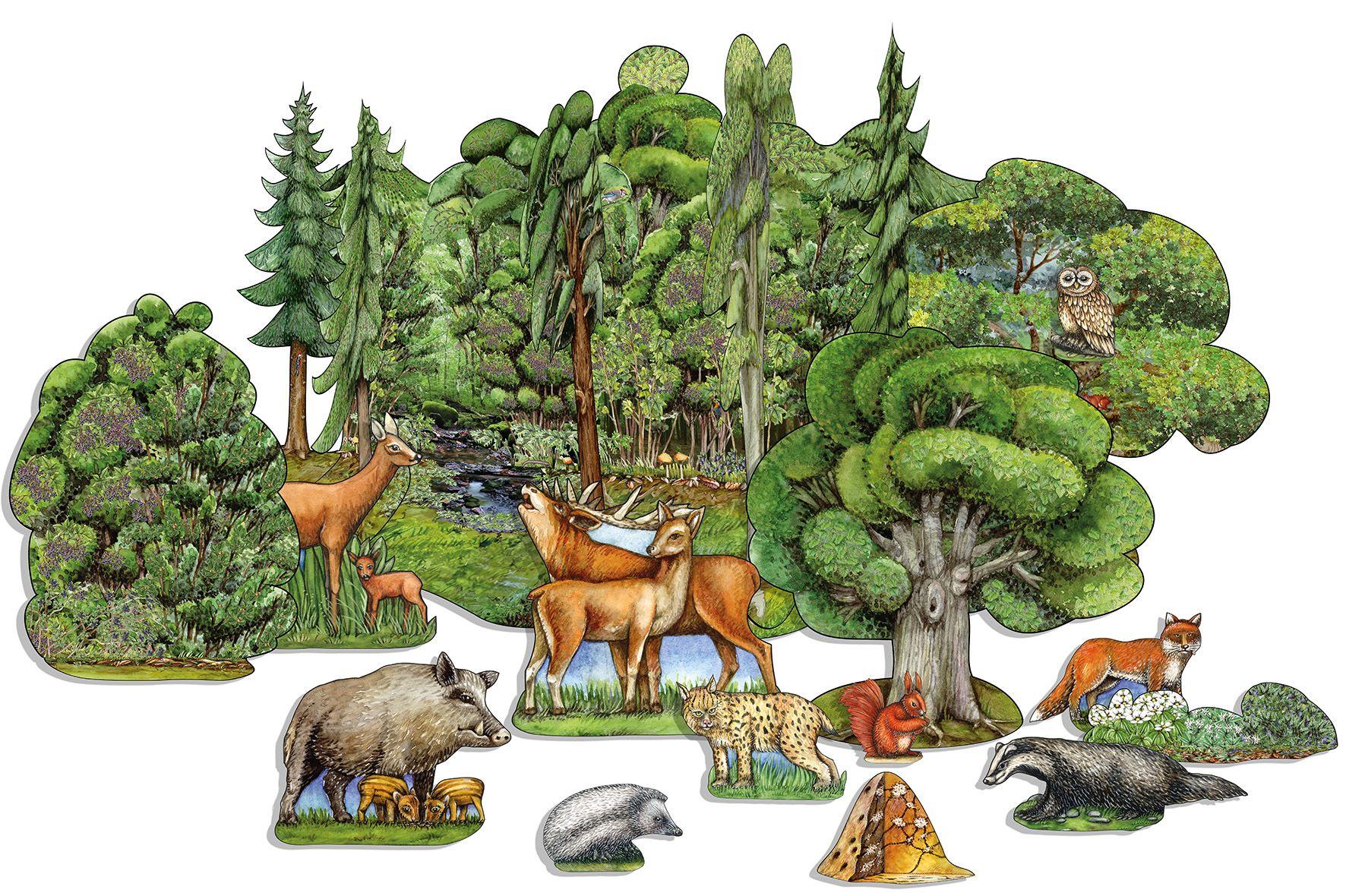 Beispielinhalt (Bild) Wald basteln aus Papier Bastelbogen Bäume & Tiere Ausschneidebogen