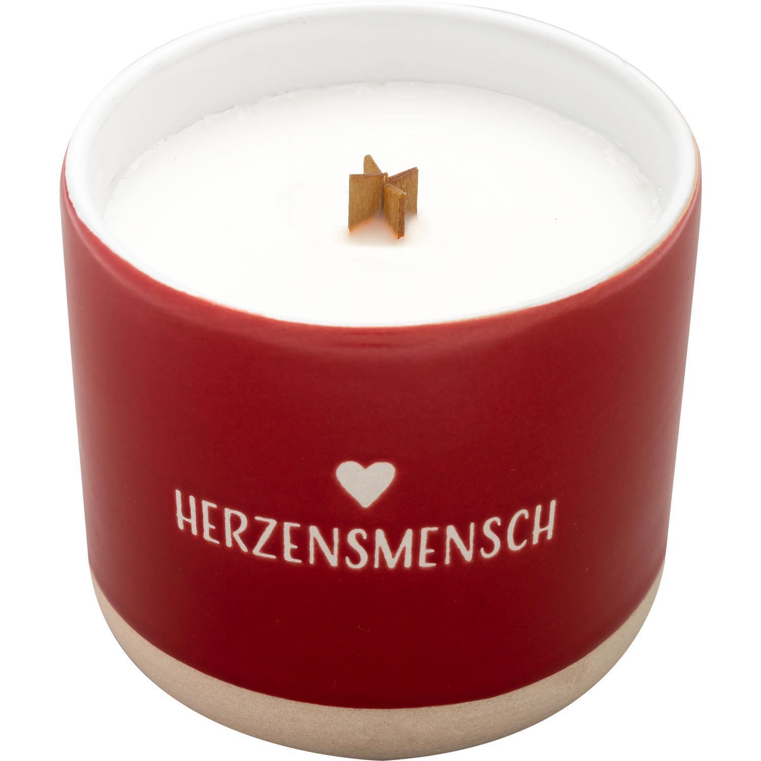 Beispielinhalt (Bild) Kerze mit Gravur "Herzensmensch": Kerze im Becher, mit Holzdocht