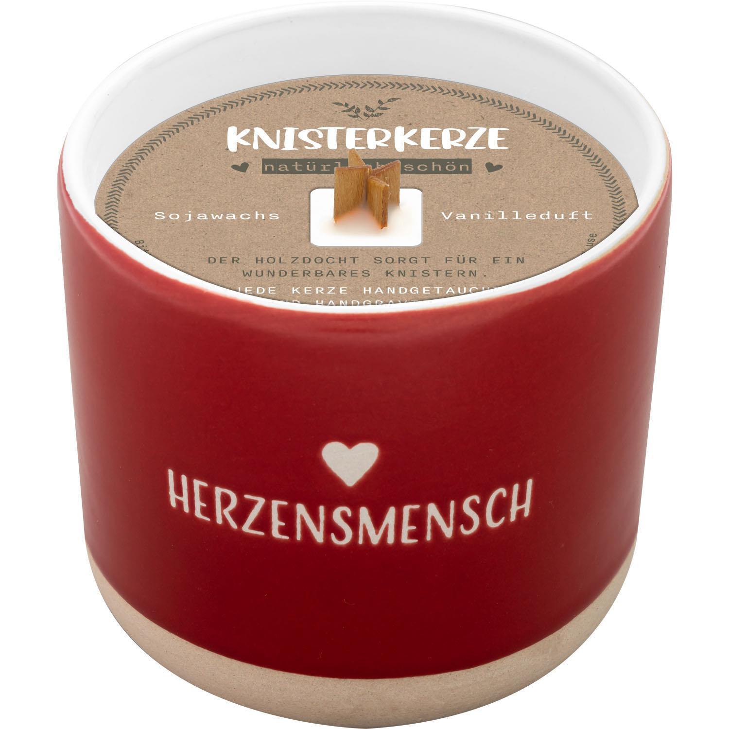 Vorderes Coverbild Kerze mit Gravur "Herzensmensch": Kerze im Becher, mit Holzdocht