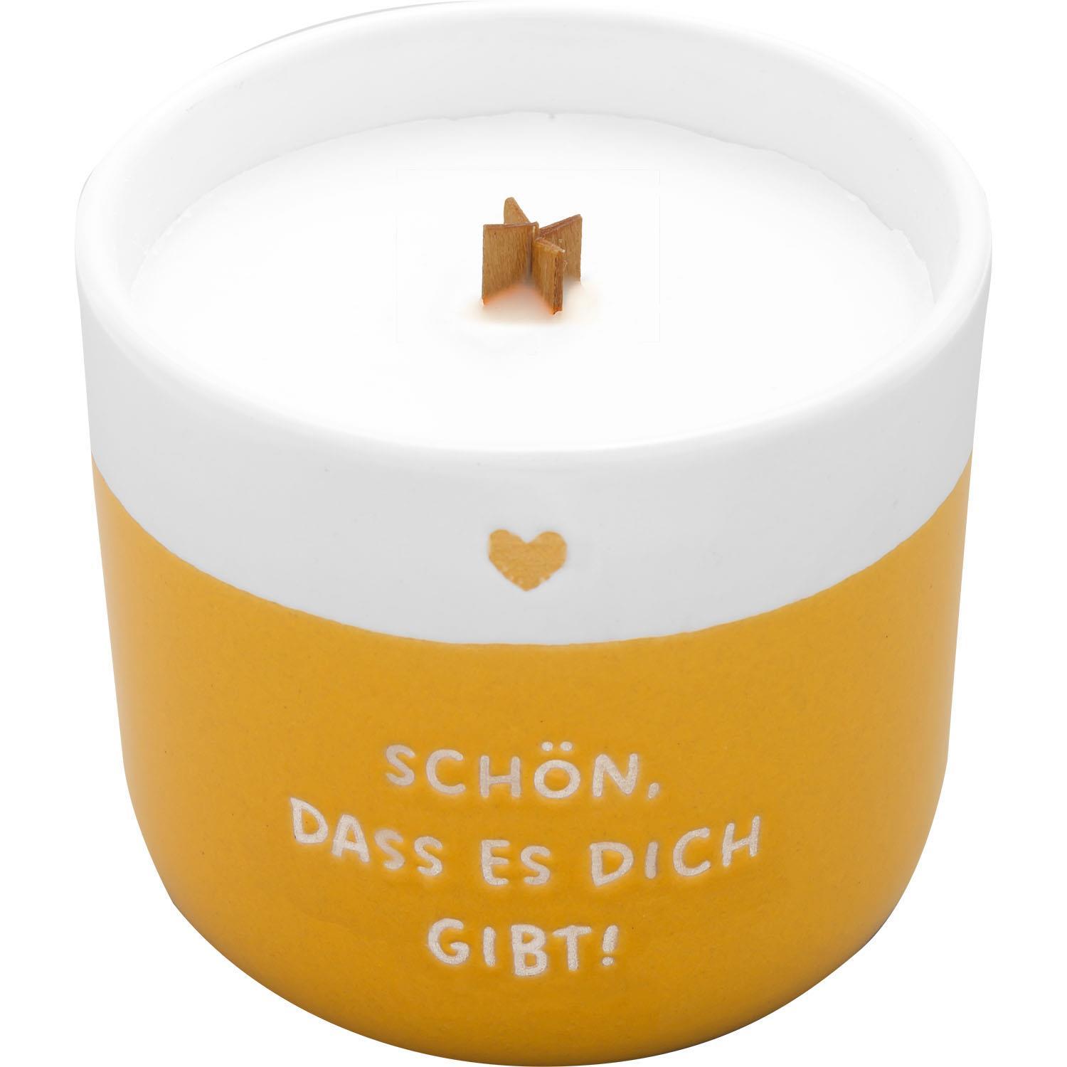 Beispielinhalt (Bild) Kerze mit Gravur "Schön, dass es dich gibt": Kerze im Becher, mit Holzdocht