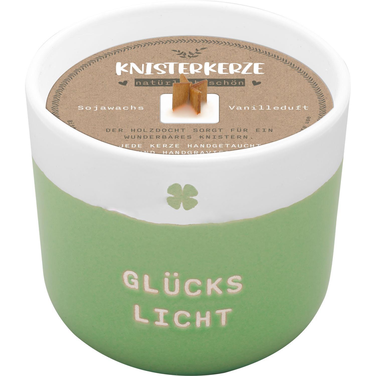 Vorderes Coverbild Kerze mit Gravur "Glücks Licht": Kerze im Becher, mit Holzdocht