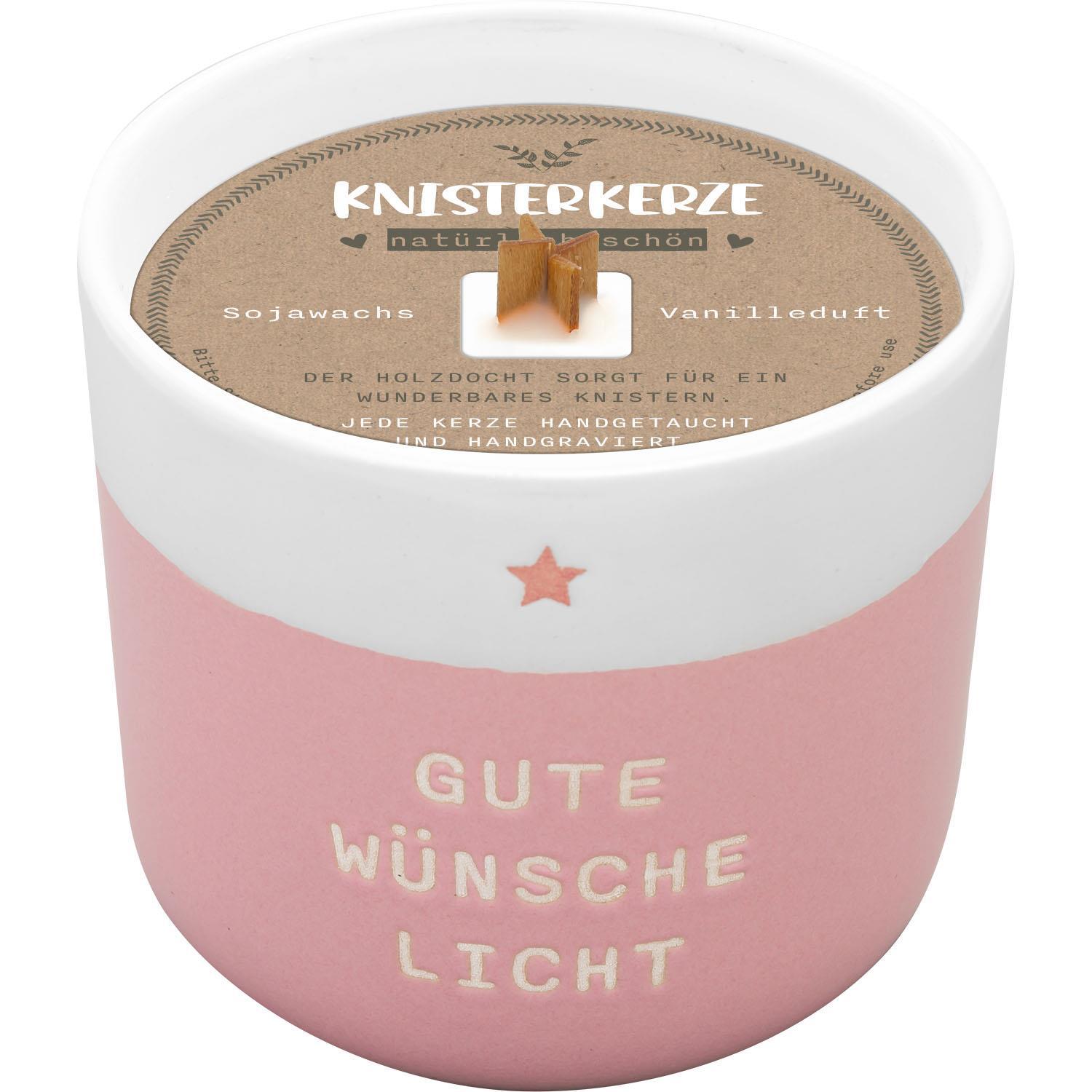 Vorderes Coverbild Kerze mit Gravur "Gute Wünsche Licht": Kerze im Becher, mit Holzdocht