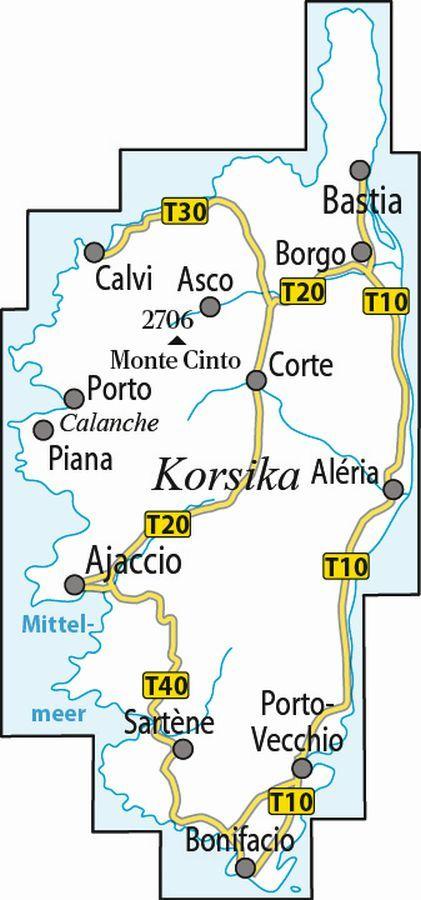 Beispielinhalt (Bild) ADFC-Radtourenkarte F-KOR 7-Tage-Radtour Korsika, 1:100.000, reiß- und wetterfest, E-Bike geeignet, GPS-Tracks Download, mit Kilometer-Angaben