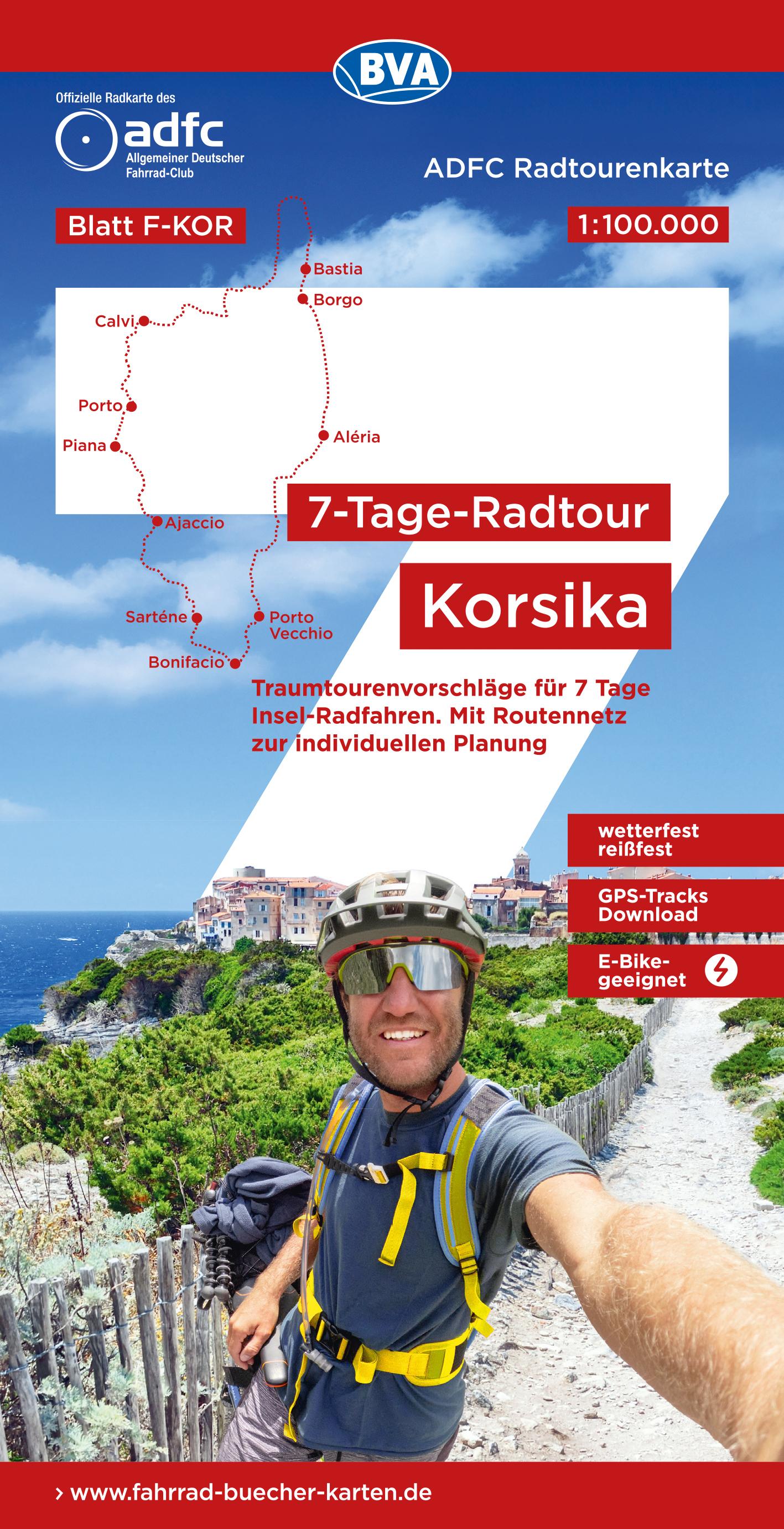 Vorderes Coverbild ADFC-Radtourenkarte F-KOR 7-Tage-Radtour Korsika, 1:100.000, reiß- und wetterfest, E-Bike geeignet, GPS-Tracks Download, mit Kilometer-Angaben