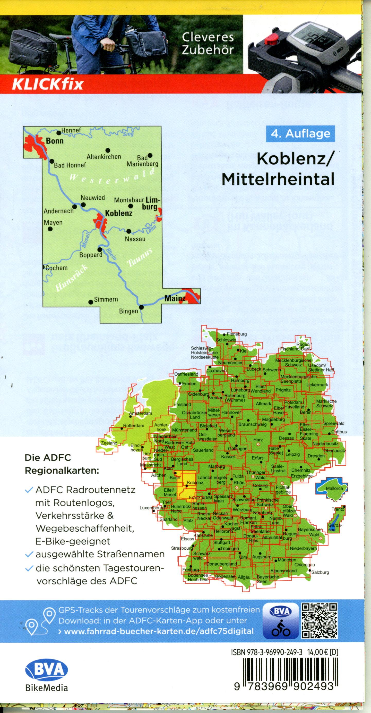 Beispielinhalt (Bild) ADFC-Regionalkarte Koblenz Mittelrheintal, 1:75.000, mit Tagestourenvorschlägen, reiß- und wetterfest, E-Bike-geeignet, GPS-Tracks-Download