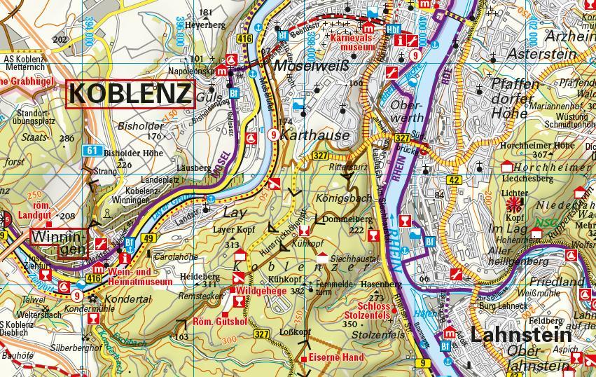 Beispielinhalt (Bild) ADFC-Regionalkarte Koblenz Mittelrheintal, 1:75.000, mit Tagestourenvorschlägen, reiß- und wetterfest, E-Bike-geeignet, GPS-Tracks-Download