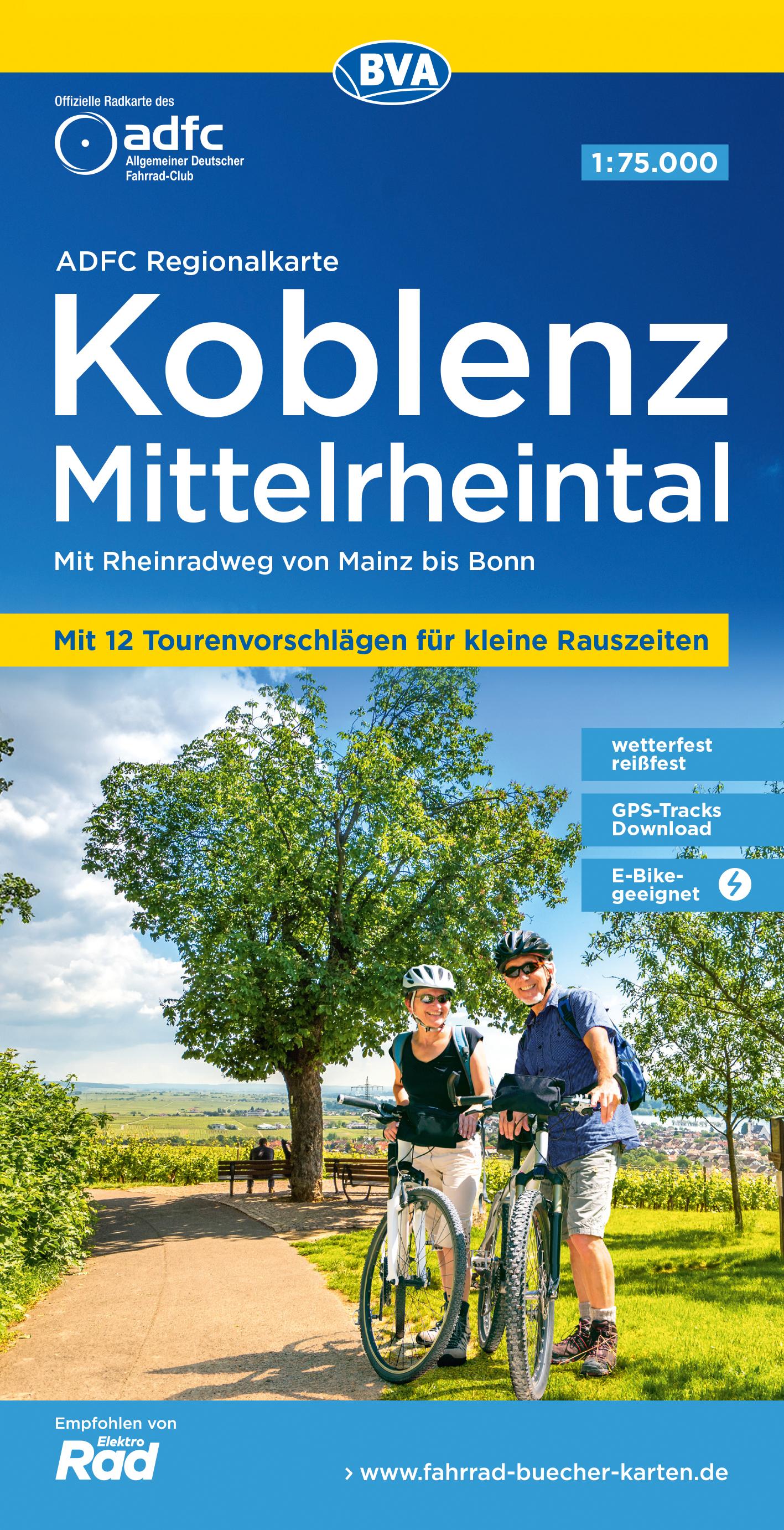 Vorderes Coverbild ADFC-Regionalkarte Koblenz Mittelrheintal, 1:75.000, mit Tagestourenvorschlägen, reiß- und wetterfest, E-Bike-geeignet, GPS-Tracks-Download