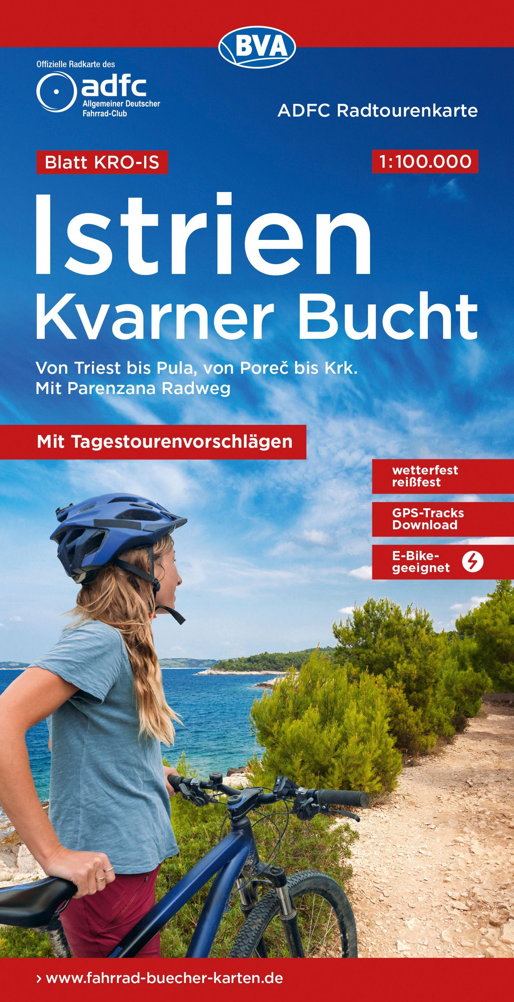 Vorderes Coverbild BVA ADFC Radtourenkarte Istrien Kvarner Bucht, mit Tagestourenvorschlägen, 1:100.000