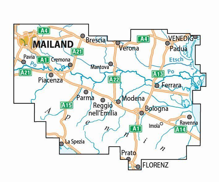 Beispielinhalt (Bild) ADFC-Radtourenkarte IT-PO 7-Tage-Radtour Venedig-Florenz, 1:200.000, reiß- und wetterfest, E-Bike-geeignet, GPS-Tracks Download, mit Kilometer-Angaben