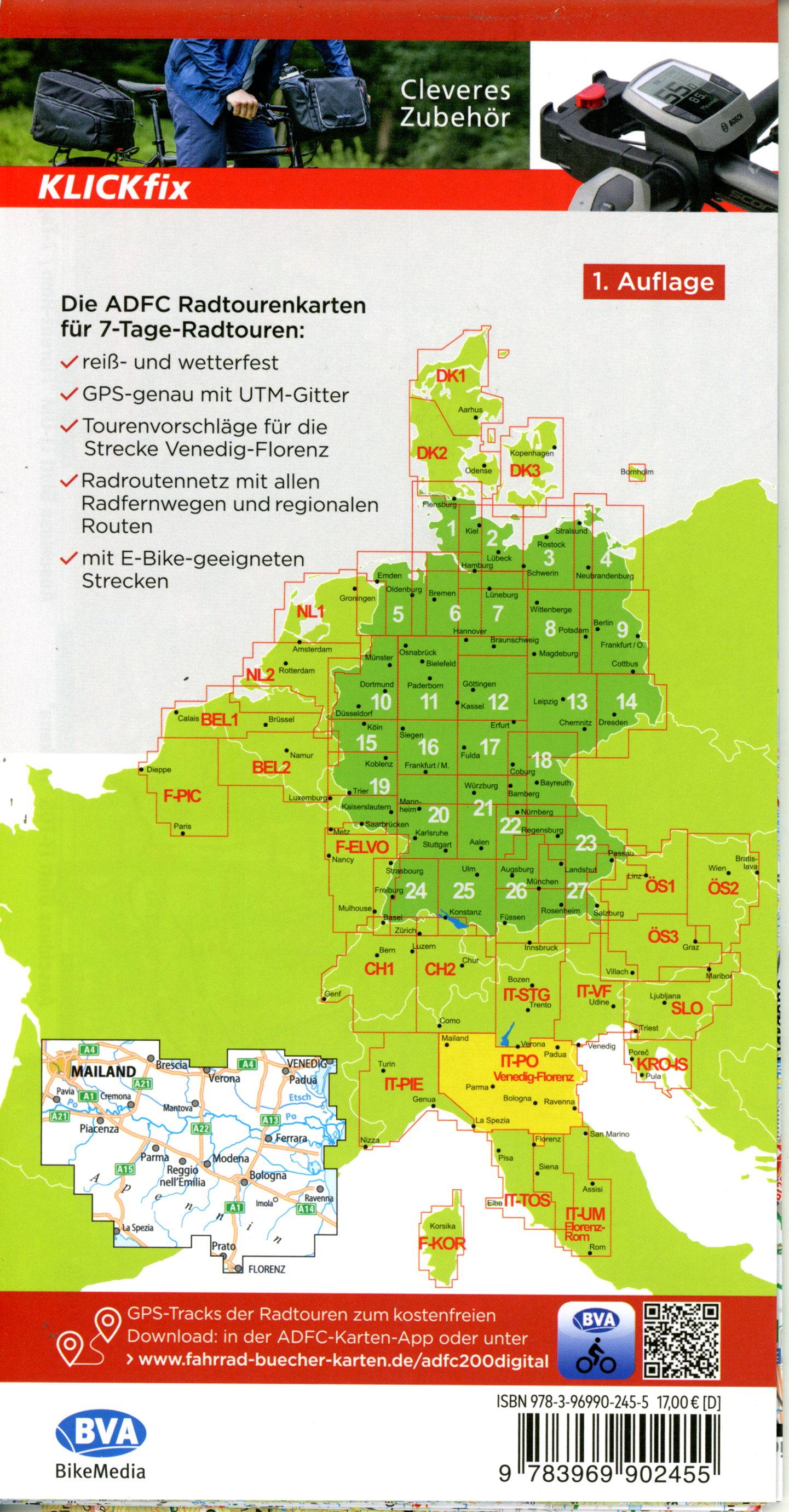 Beispielinhalt (Bild) ADFC-Radtourenkarte IT-PO 7-Tage-Radtour Venedig-Florenz, 1:200.000, reiß- und wetterfest, E-Bike-geeignet, GPS-Tracks Download, mit Kilometer-Angaben