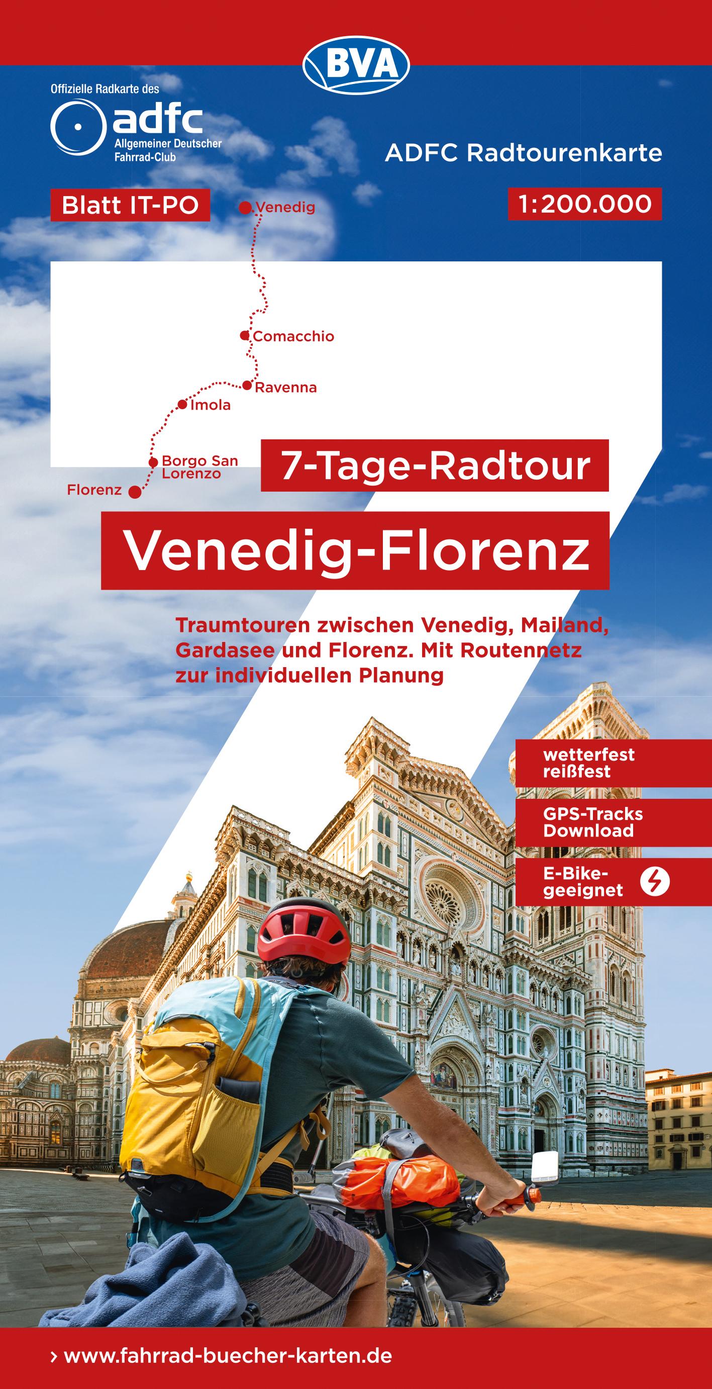 Vorderes Coverbild ADFC-Radtourenkarte IT-PO 7-Tage-Radtour Venedig-Florenz, 1:200.000, reiß- und wetterfest, E-Bike-geeignet, GPS-Tracks Download, mit Kilometer-Angaben