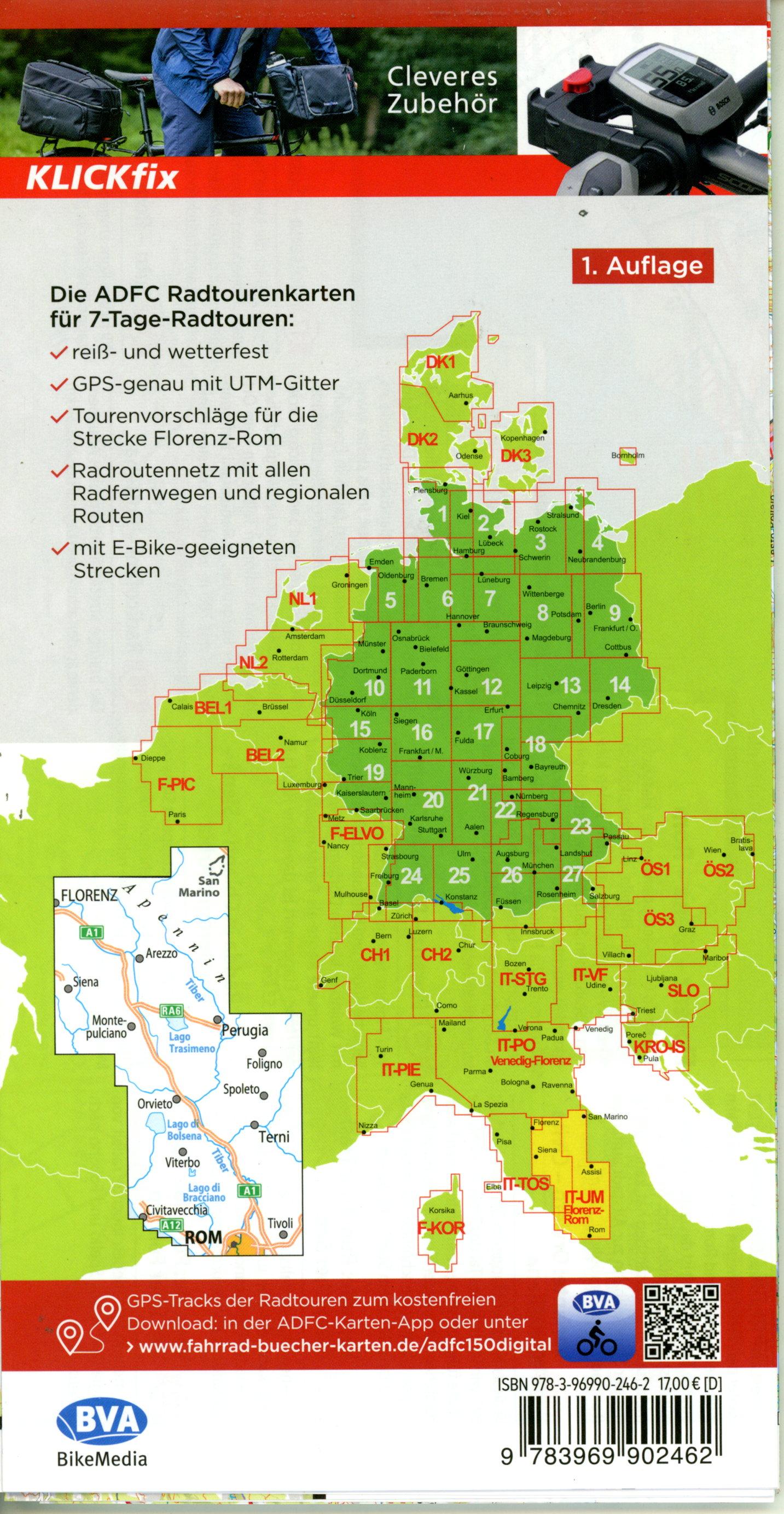Beispielinhalt (Bild) ADFC-Radtourenkarte IT-UM 7-Tage-Radtour Florenz-Rom, 1:150.000, reiß- und wetterfest, E-Bike geeignet, GPS-Tracks Download, mit Kilometer-Angaben