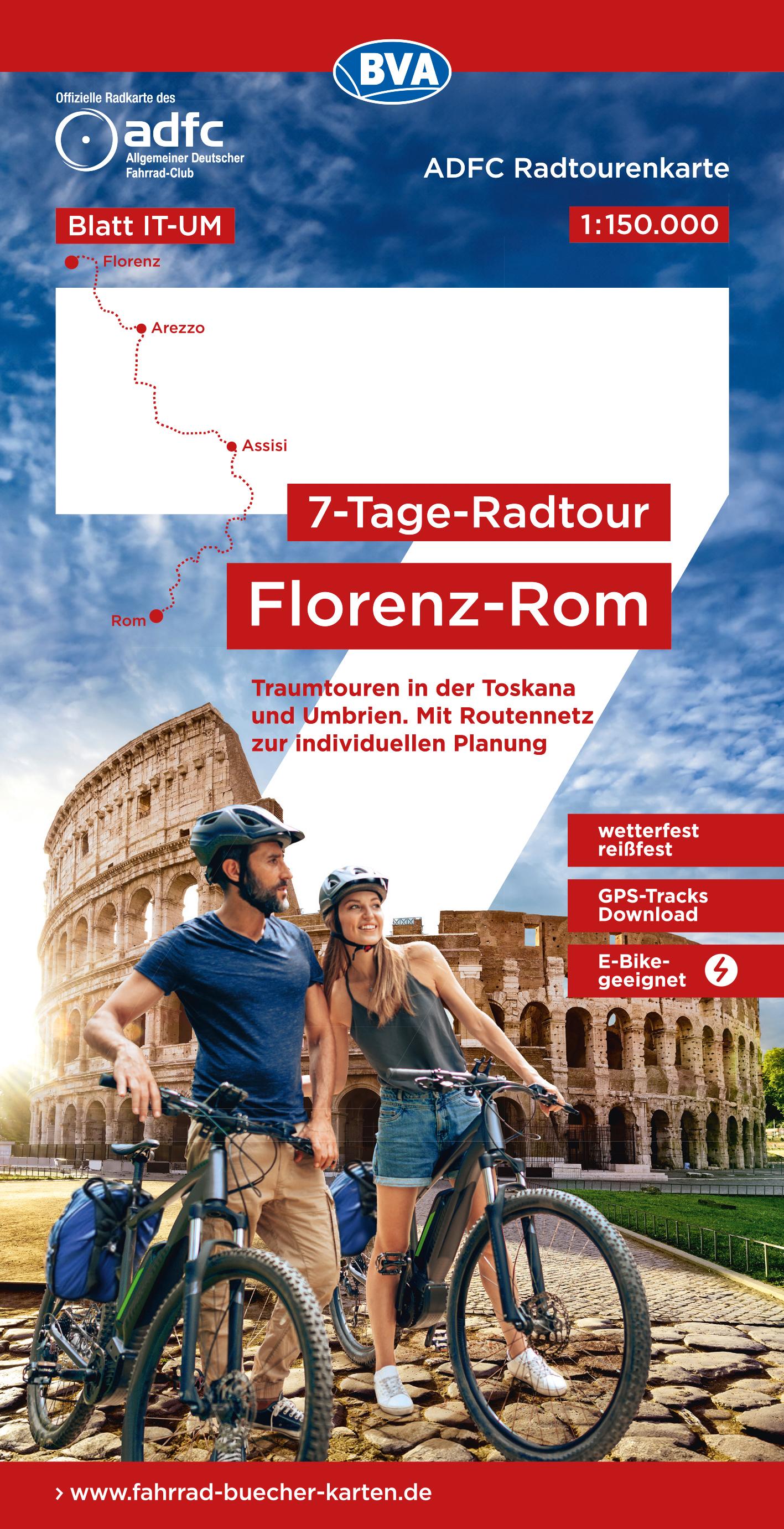 Vorderes Coverbild ADFC-Radtourenkarte IT-UM 7-Tage-Radtour Florenz-Rom, 1:150.000, reiß- und wetterfest, E-Bike geeignet, GPS-Tracks Download, mit Kilometer-Angaben
