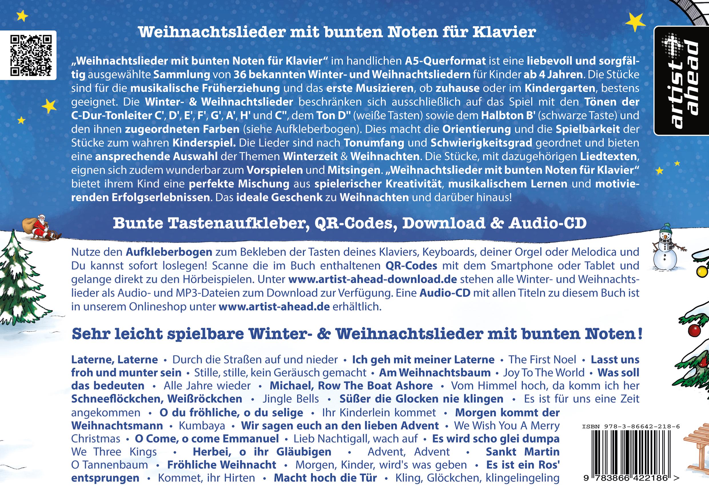 Rückseitencover Weihnachtslieder mit bunten Noten für Klavier