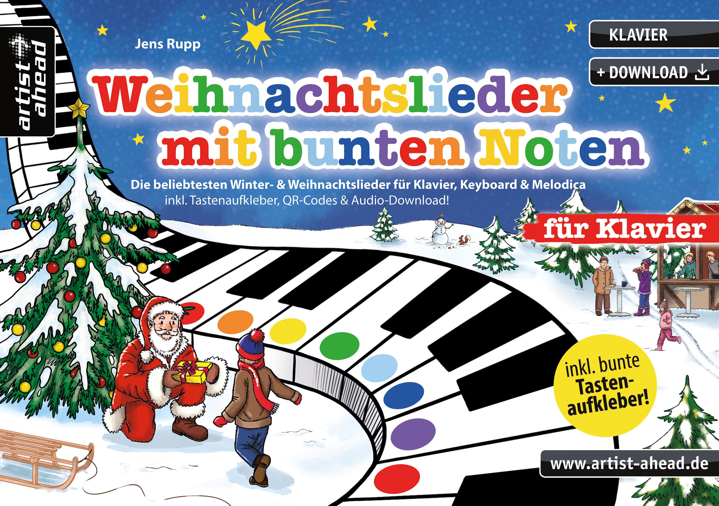 Vorderes Coverbild Weihnachtslieder mit bunten Noten für Klavier