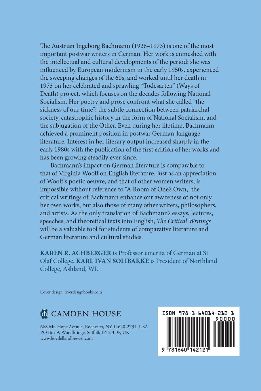Rückseitencover The Critical Writings of Ingeborg Bachmann