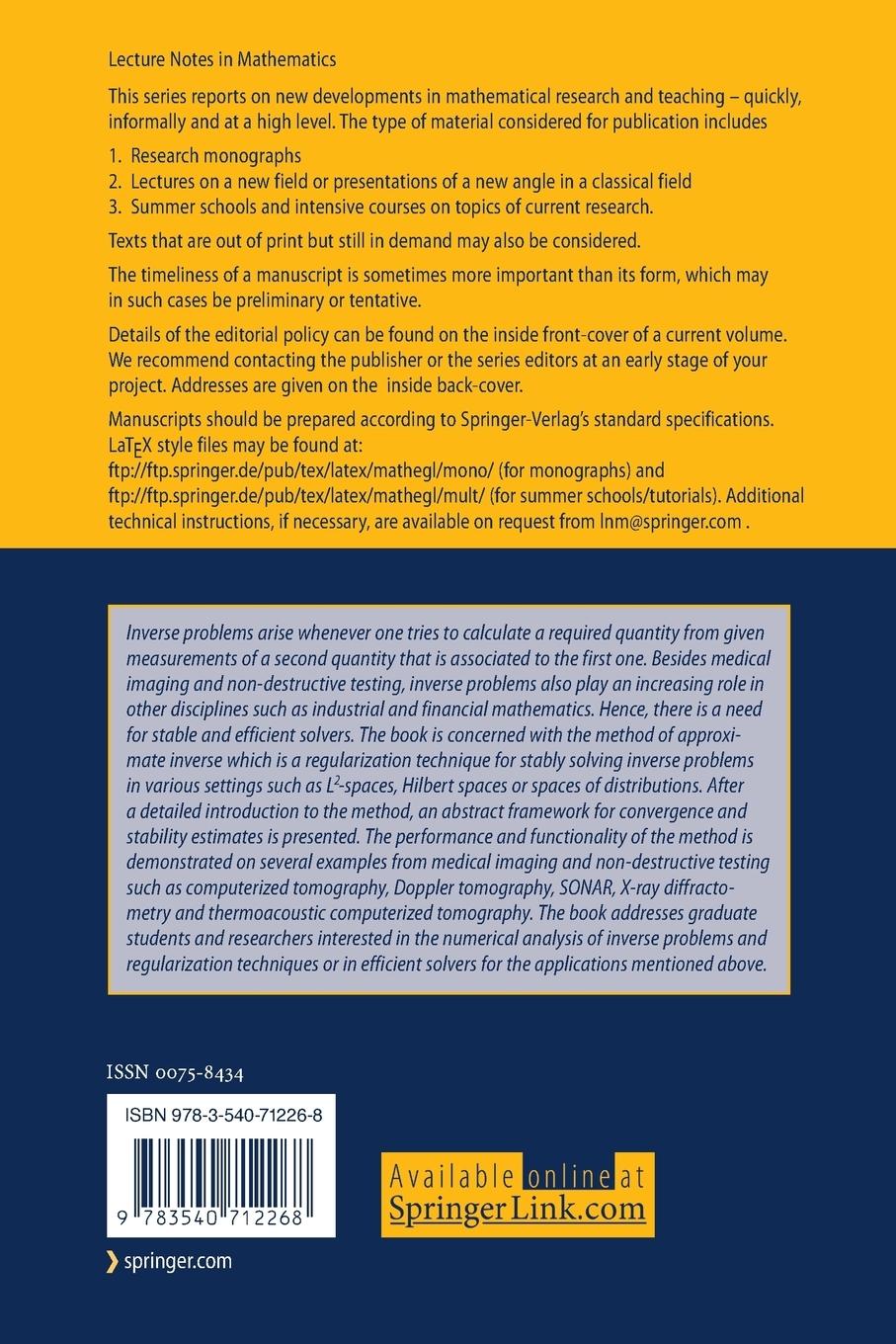 Rückseitencover The Method of Approximate Inverse: Theory and Applications