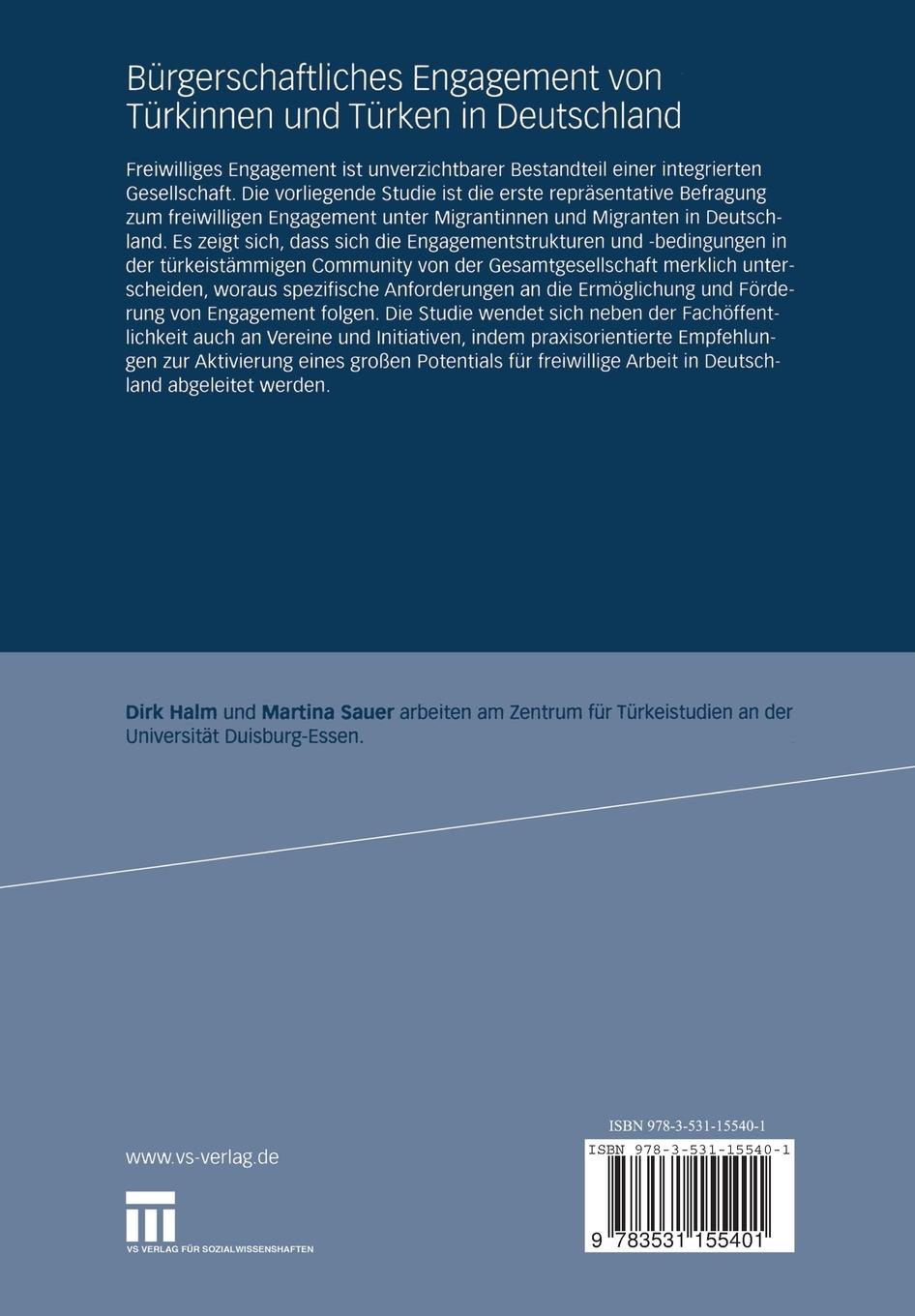 Rückseitencover Bürgerschaftliches Engagement von Türkinnen und Türken in Deutschland