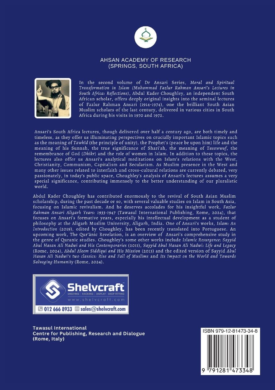 Rückseitencover Moral and Spiritual Transformation in Islam, Muhammad Fazlur Rahman Ansari' Lectures in South Africa